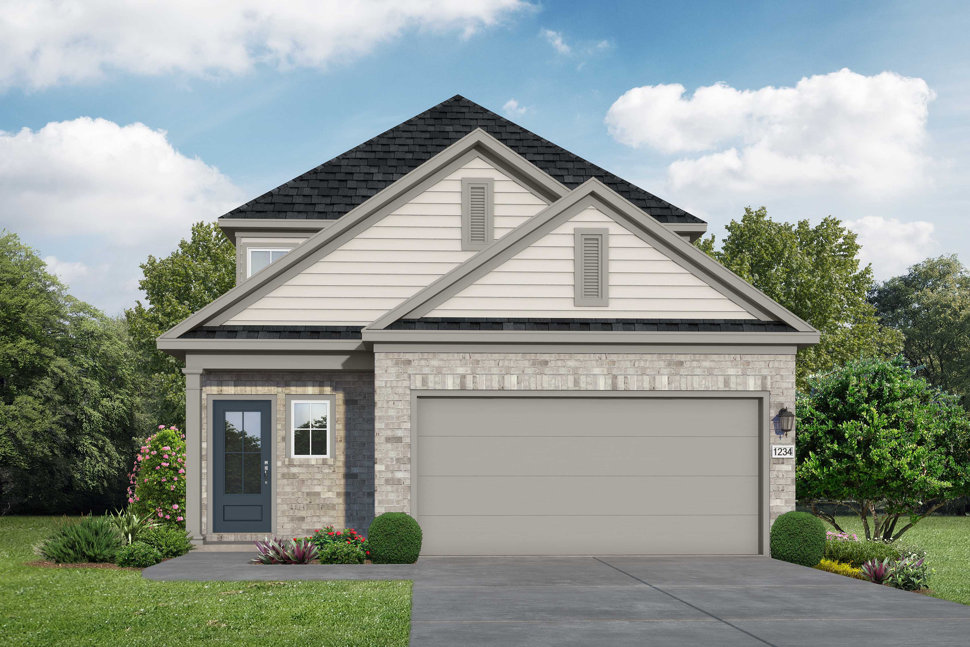 Two-story elevation of The Rio Grande showcasing stone-brick siding, three-car garage, blue door, and lush landscaping