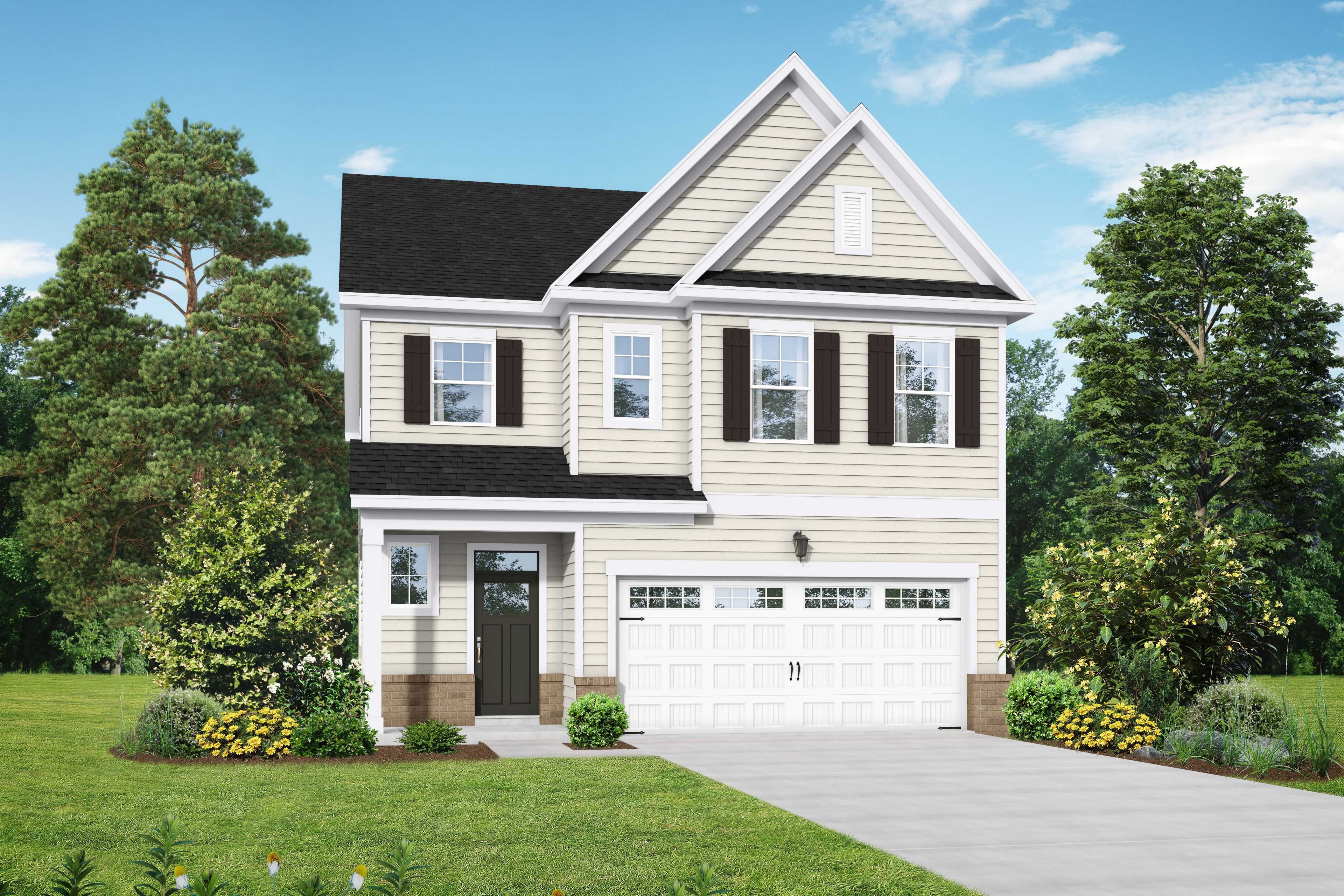 Two-story Adalynn A home elevation featuring beige siding, black roof, 2-car garage, covered porch, and landscaped yard in Lillington, NC