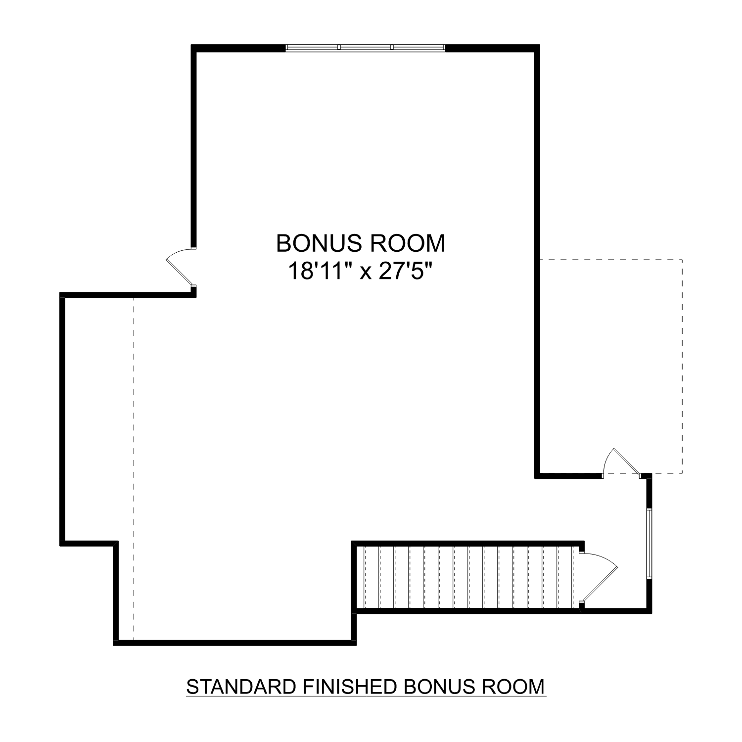 Upper floor plan of The Montgomery B showcasing spacious 18'11" x 27' bonus room and staircase in Davidson Homes design