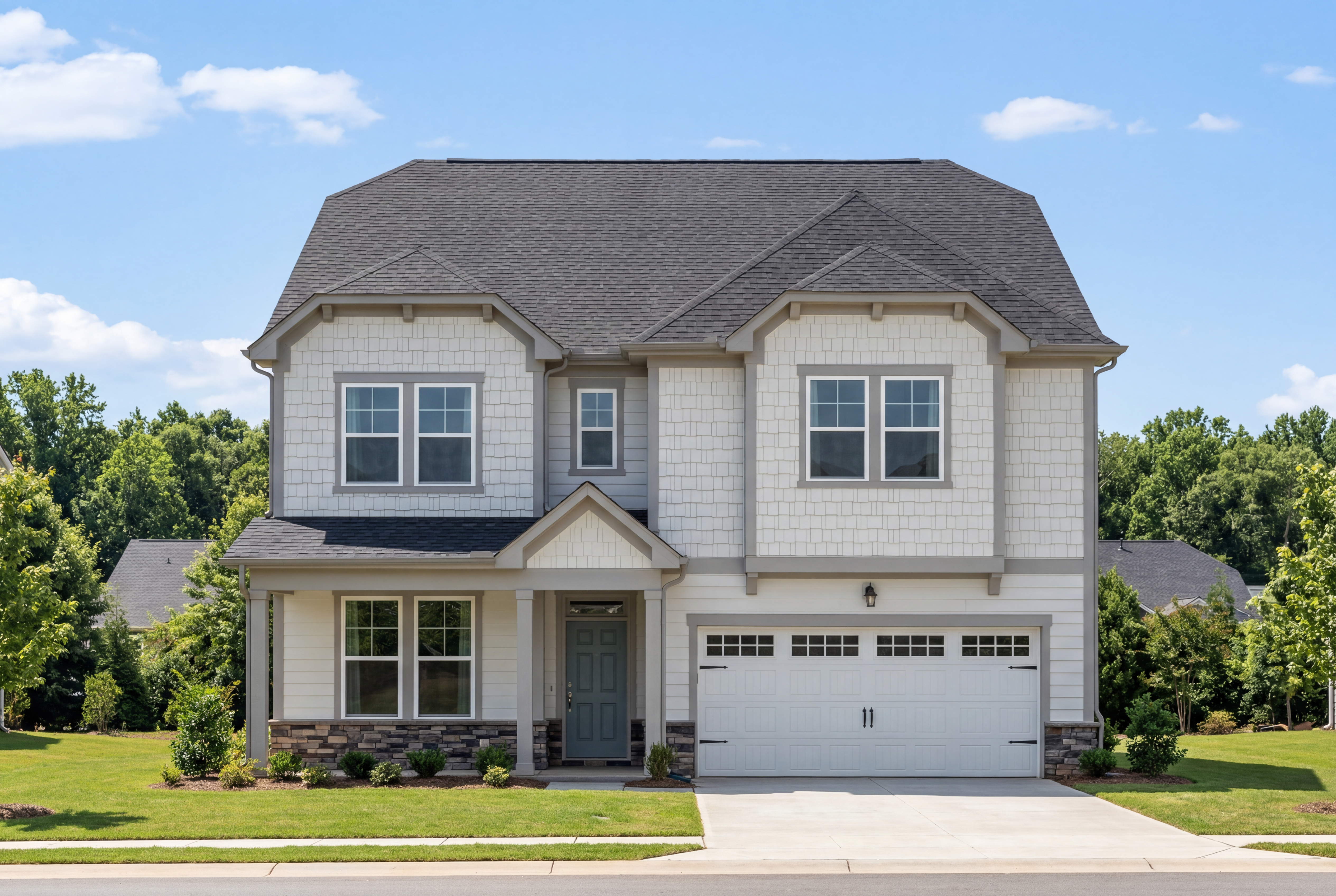 Two-story Beech C home elevation with white siding, stone accents, two-car garage, and front porch in Belmont NC