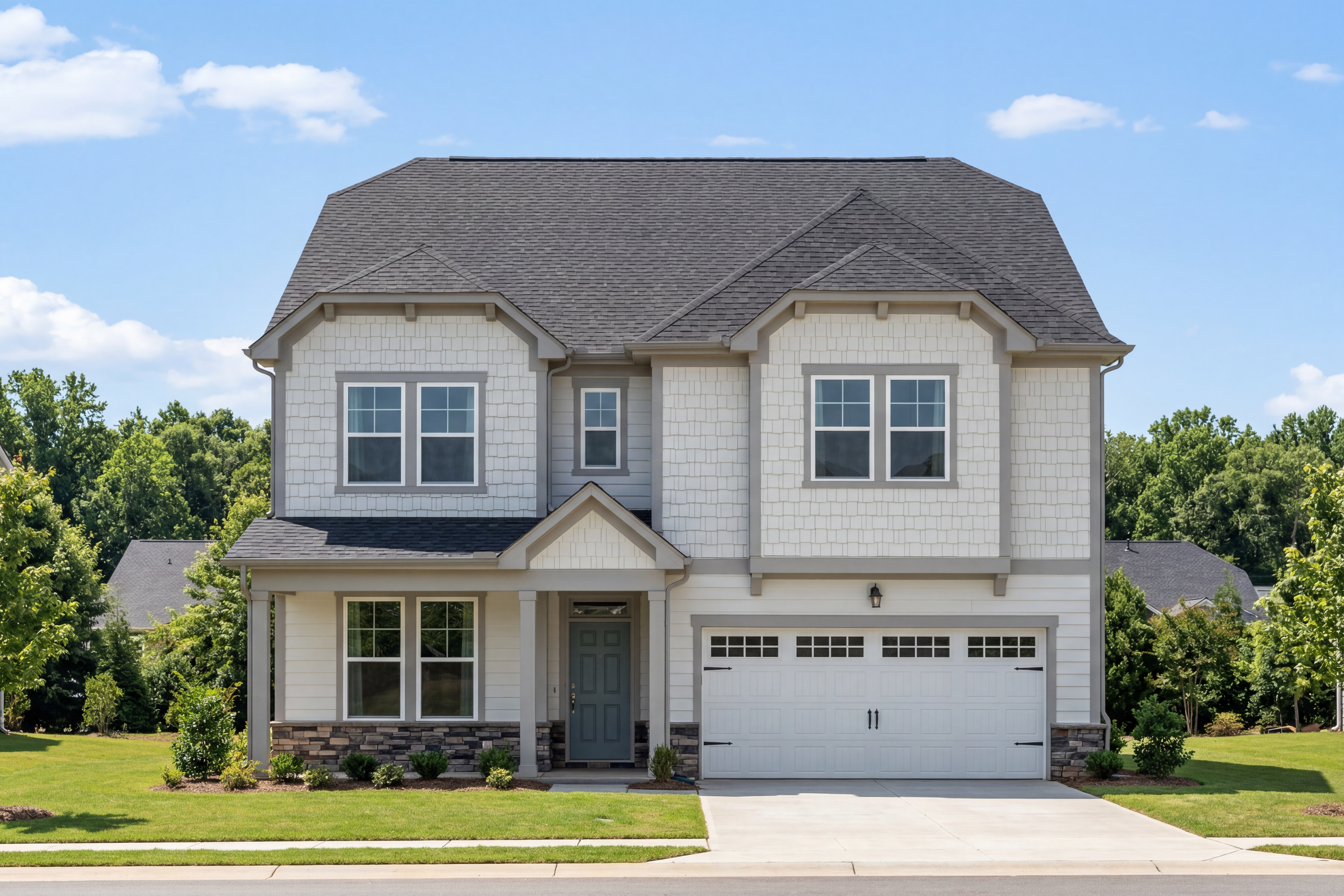 Two-story Beech C home elevation with white siding, stone accents, two-car garage, and front porch in Belmont NC