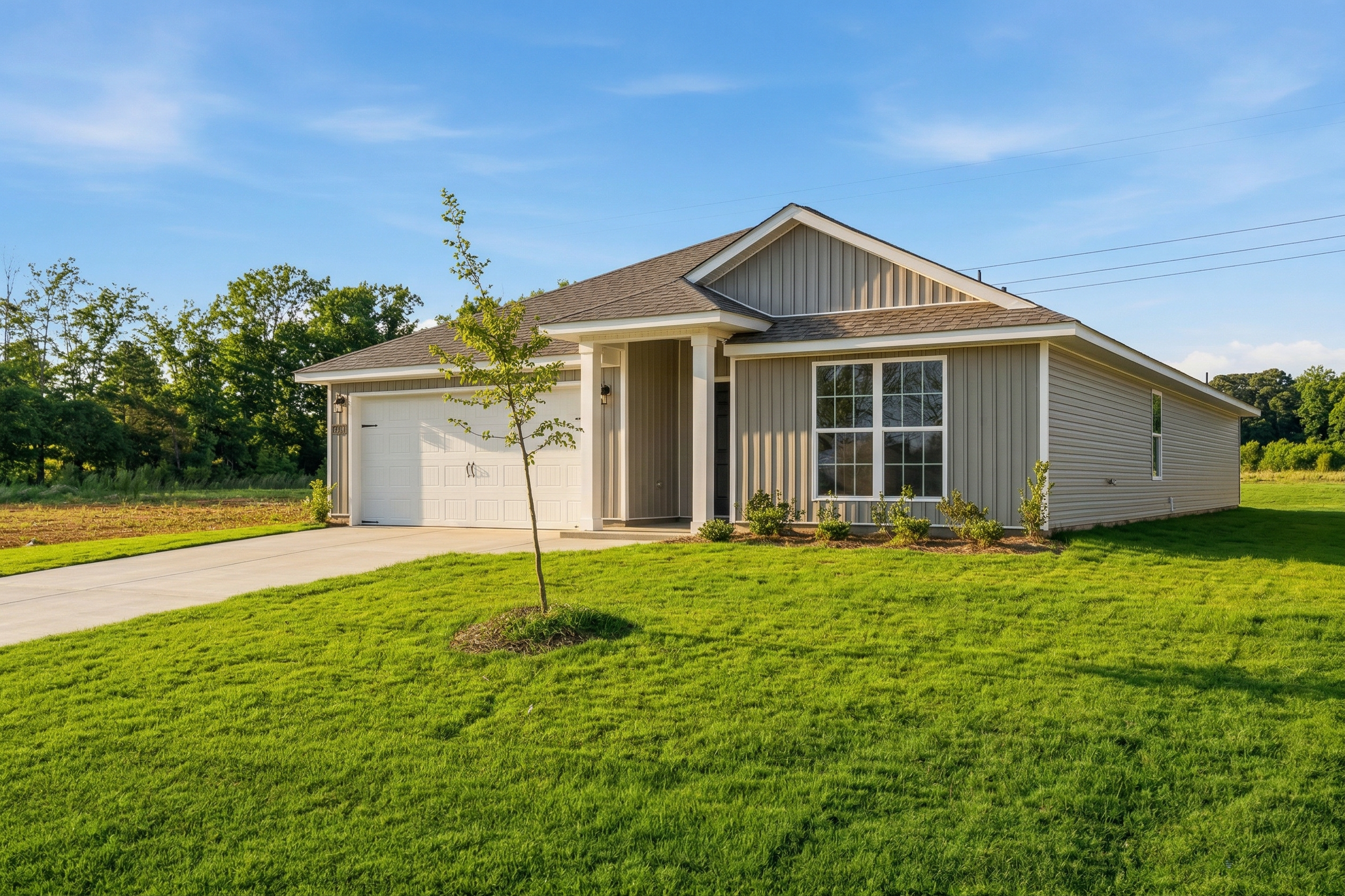 Single-story front elevation of The Daphne V home with beige siding, gabled roof, covered porch, 2-car garage, and lush green lawn