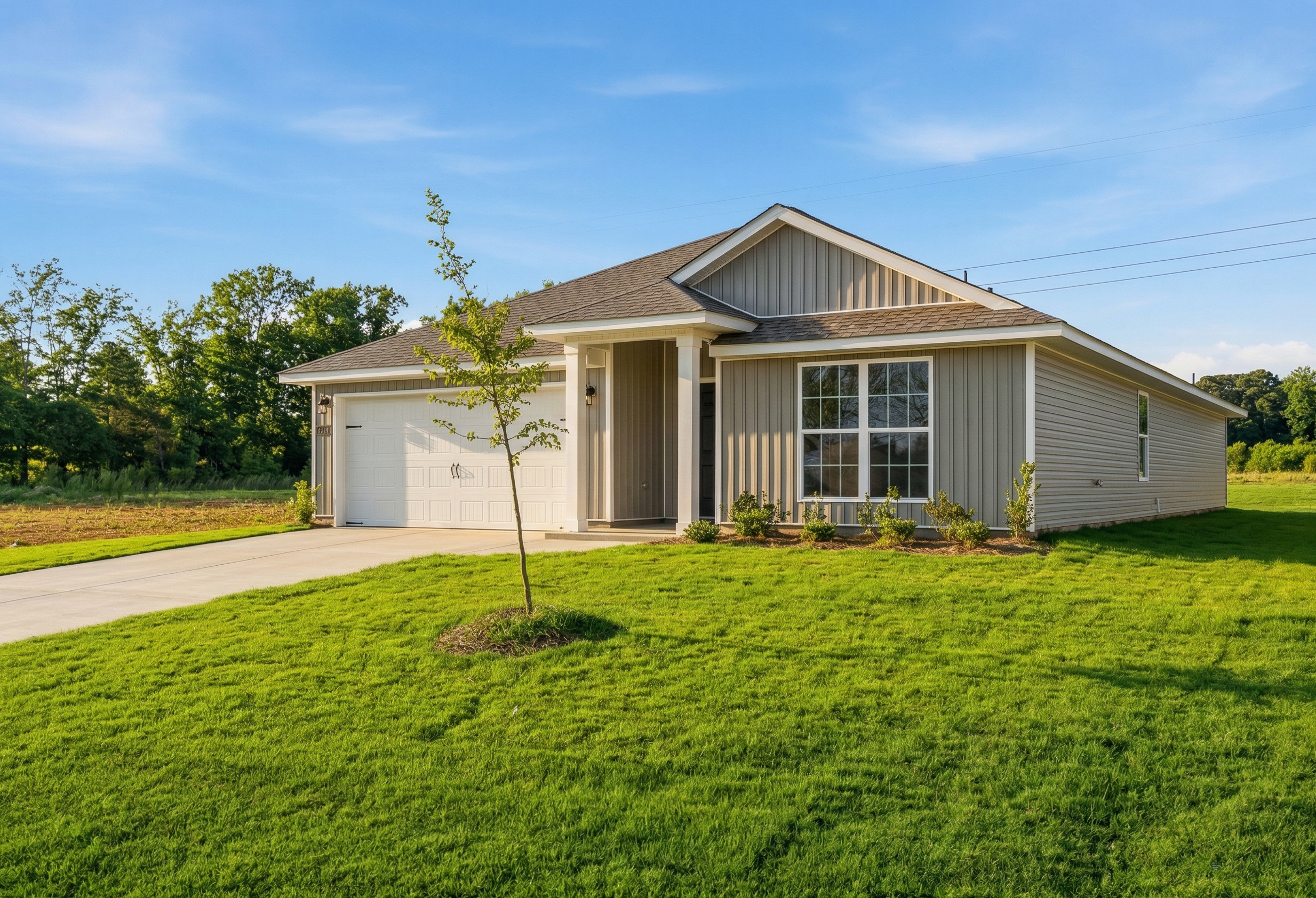 Single-story front elevation of The Daphne V home with beige siding, gabled roof, covered porch, 2-car garage, and lush green lawn