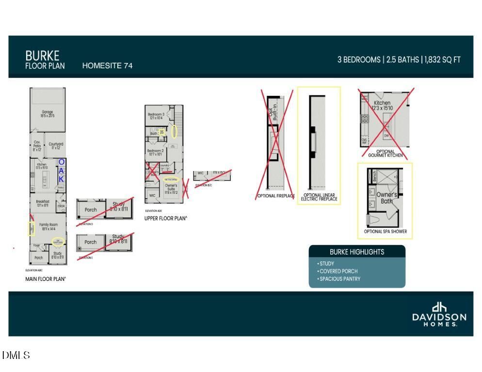 Burke floor plan diagram for 3-bed, 2.5-bath Davidson Homes in Knightdale, NC, showing main/upper levels & optional porch