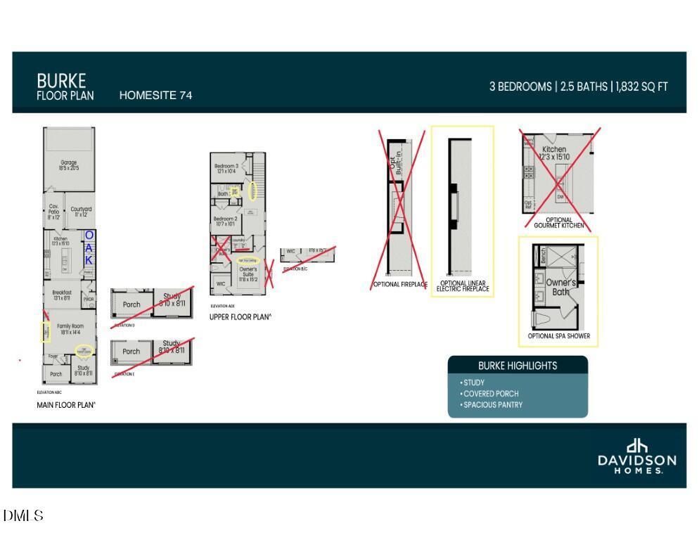 Burke floor plan diagram for 3-bed, 2.5-bath Davidson Homes in Knightdale, NC, showing main/upper levels & optional porch