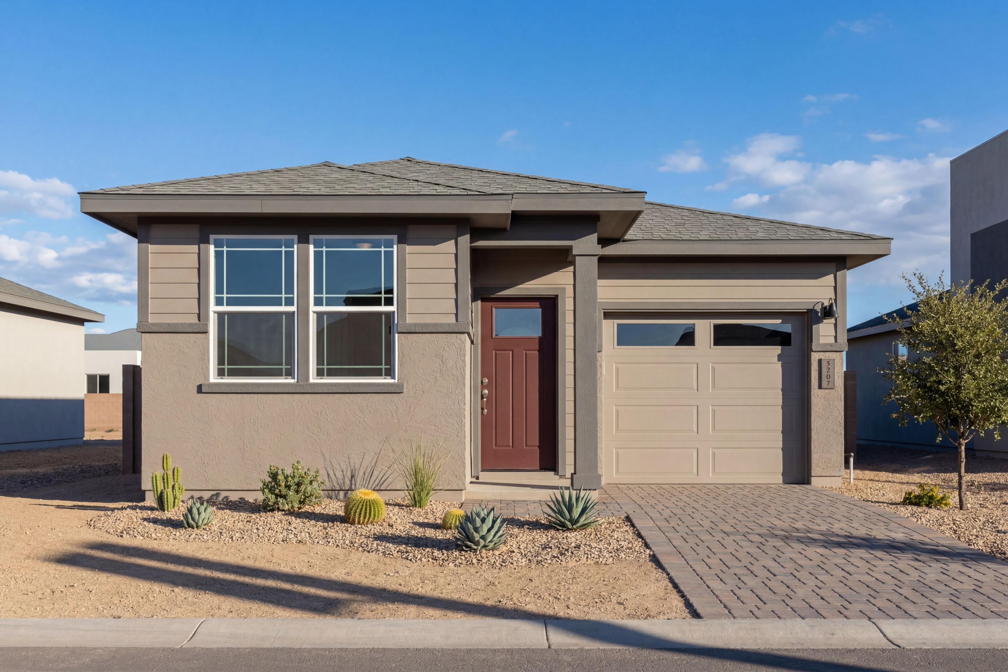 Modern exterior elevation of The Richmond A in Prescott, Arizona, featuring a 1-story design with desert landscaping.