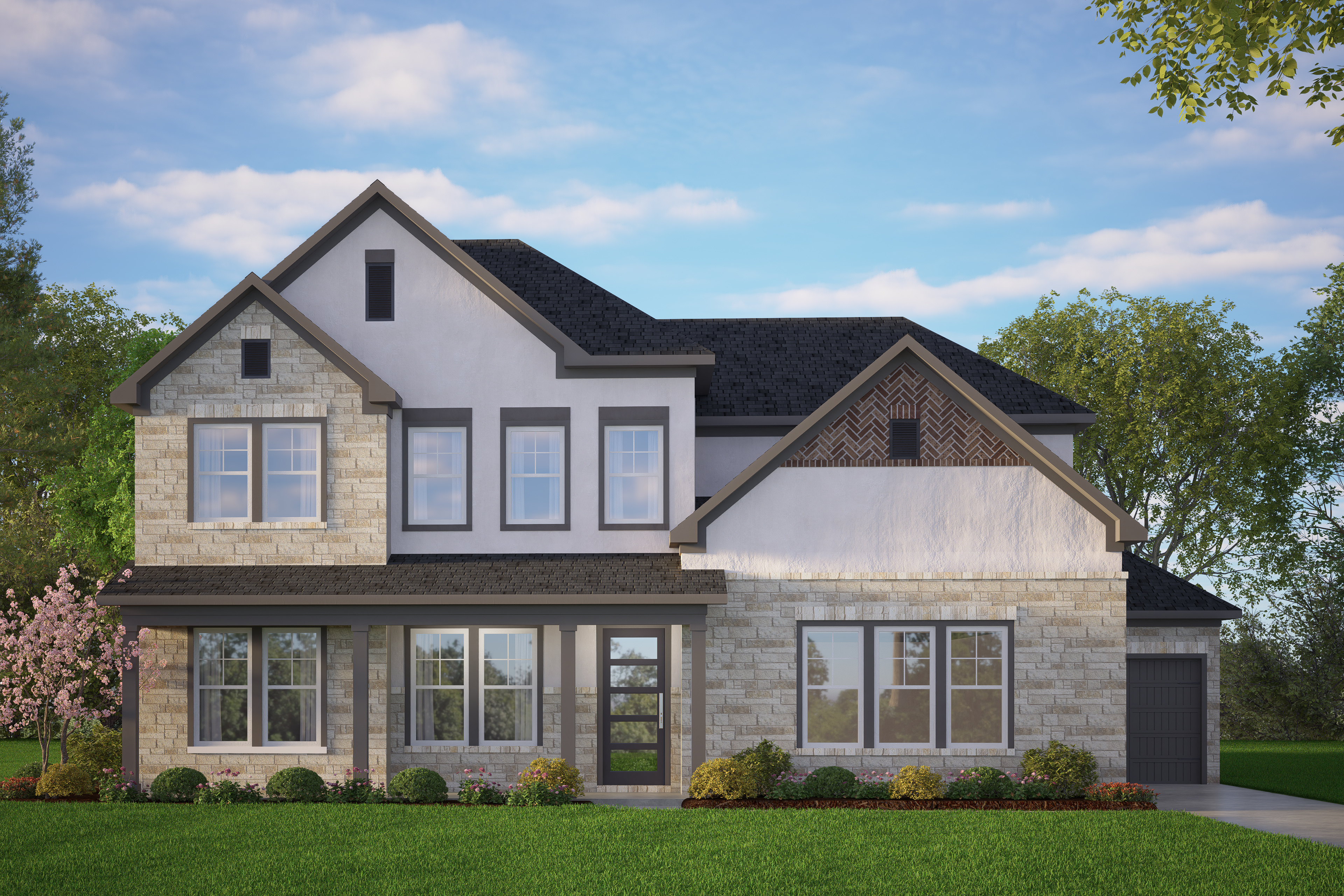 Stunning 2-story Belmont J elevation with stone and white siding, 3-car garage, front porch in Castroville Texas