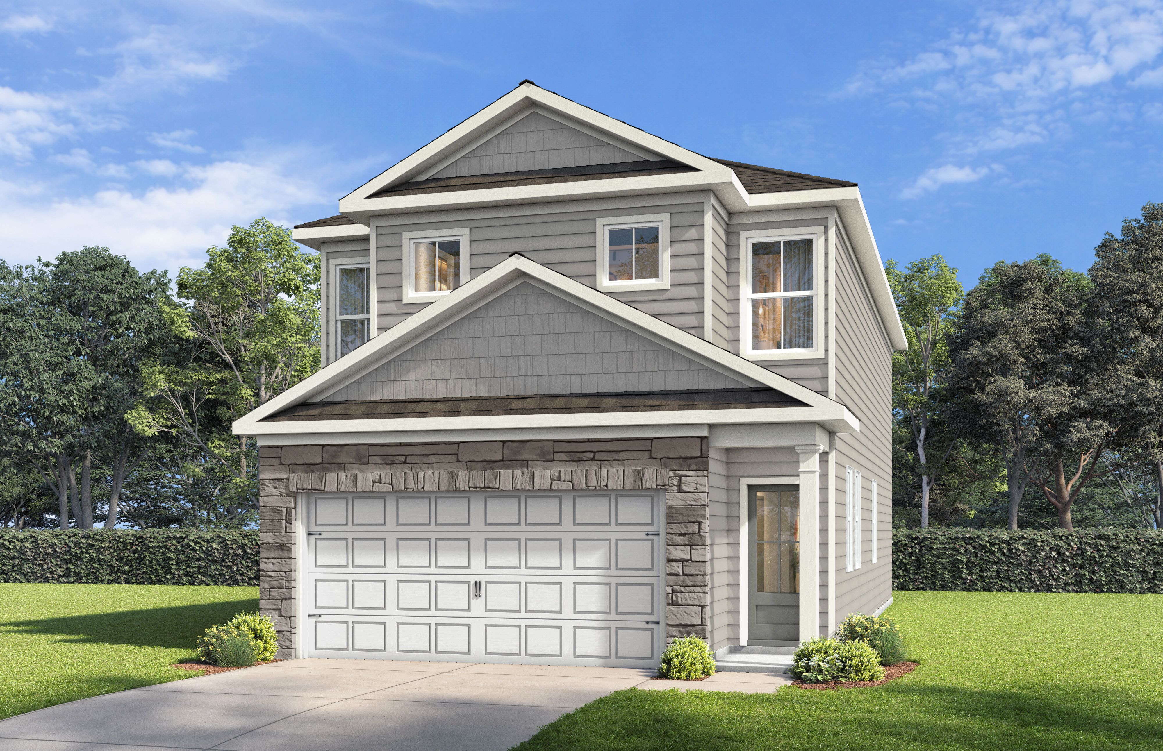 Two-story Charlotte B home design by Davidson Homes featuring stone accents, gray siding, and a two-car garage.