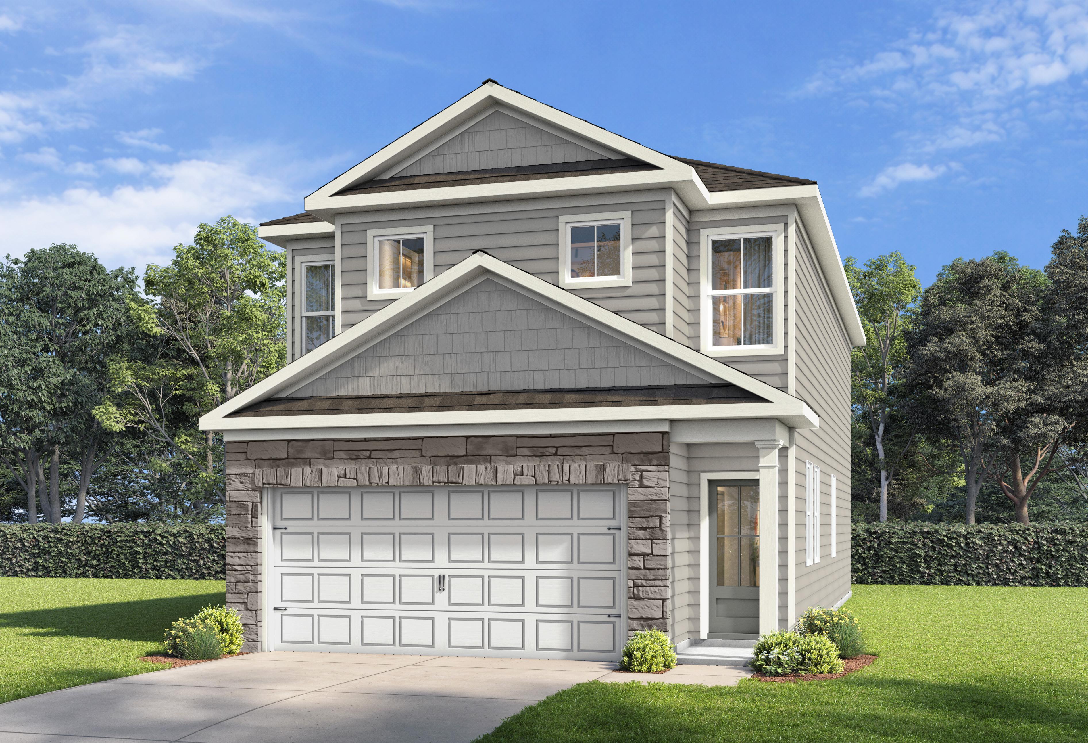 Two-story Charlotte B home design by Davidson Homes featuring stone accents, gray siding, and a two-car garage.