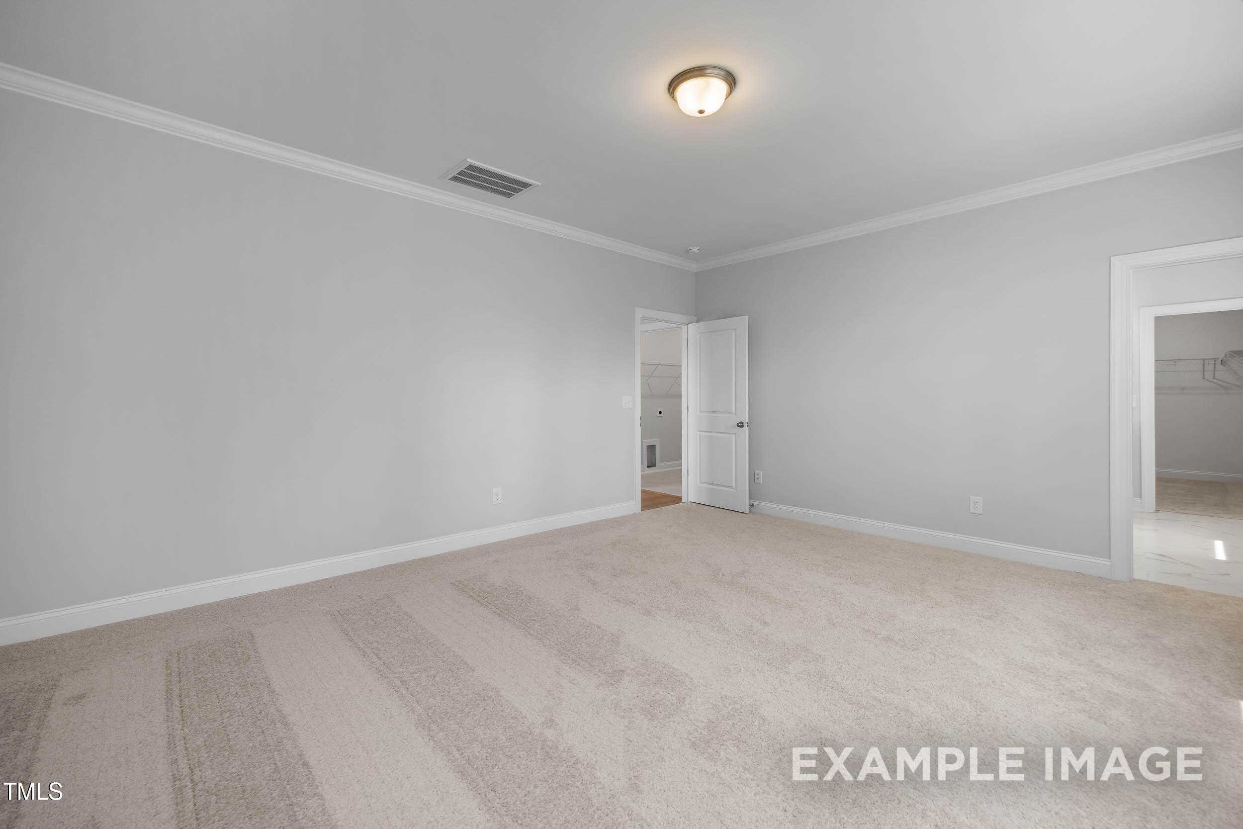 Spacious empty bedroom with light gray walls, beige carpet, and en-suite bathroom doorway in Davidson Homes The Beech B, Raleigh, NC