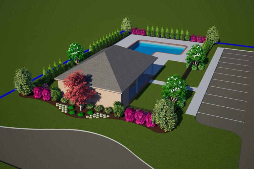 Resort-style community pool and cabana at Kendall Downs in Toney Alabama with lush landscaping and parking