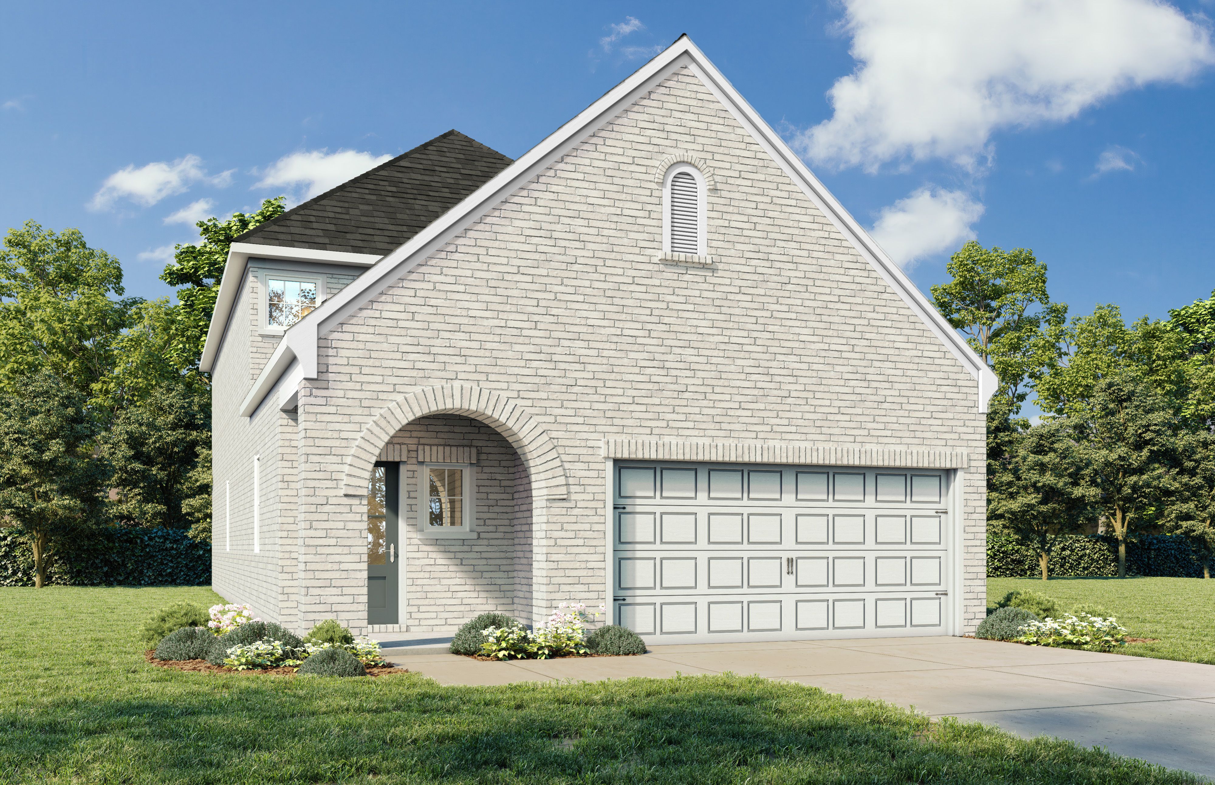 Two-story San Marcos brick home elevation by Davidson Homes, arched entry, two-car garage, composition roof in Heartland Texas