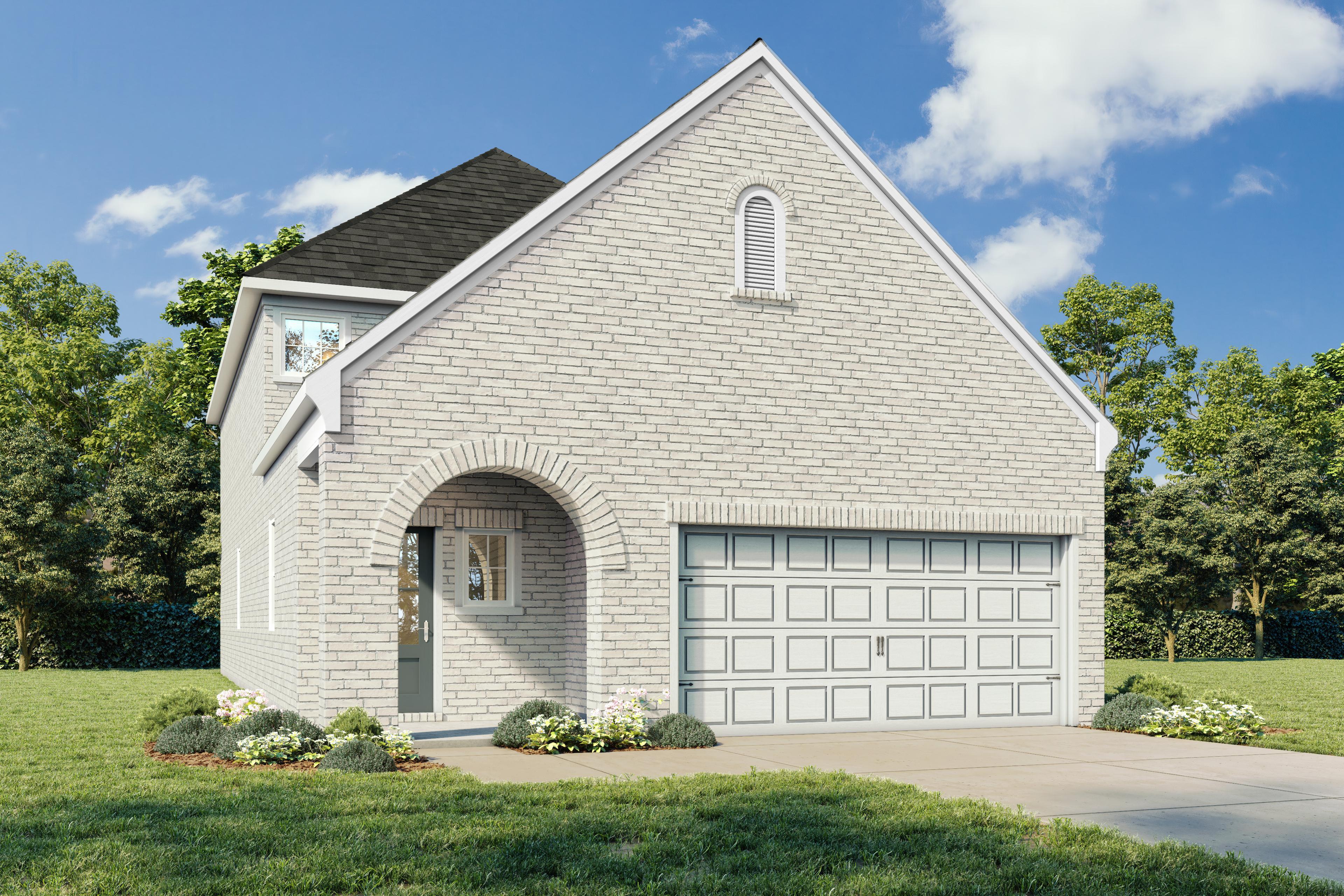 Two-story San Marcos brick home elevation by Davidson Homes, arched entry, two-car garage, composition roof in Heartland Texas