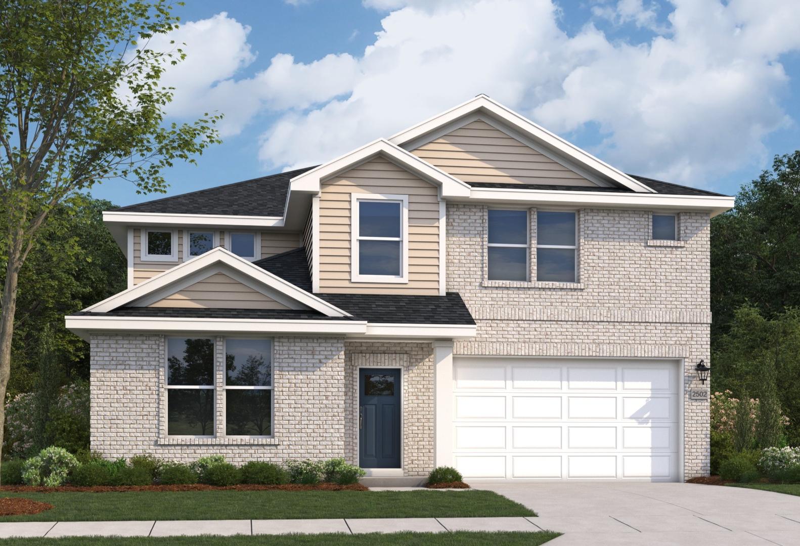 Two-story beige brick facade of The Radiance home by Evermore Homes in Perry, GA, with 2-car garage, gabled roof, and landscaped yard