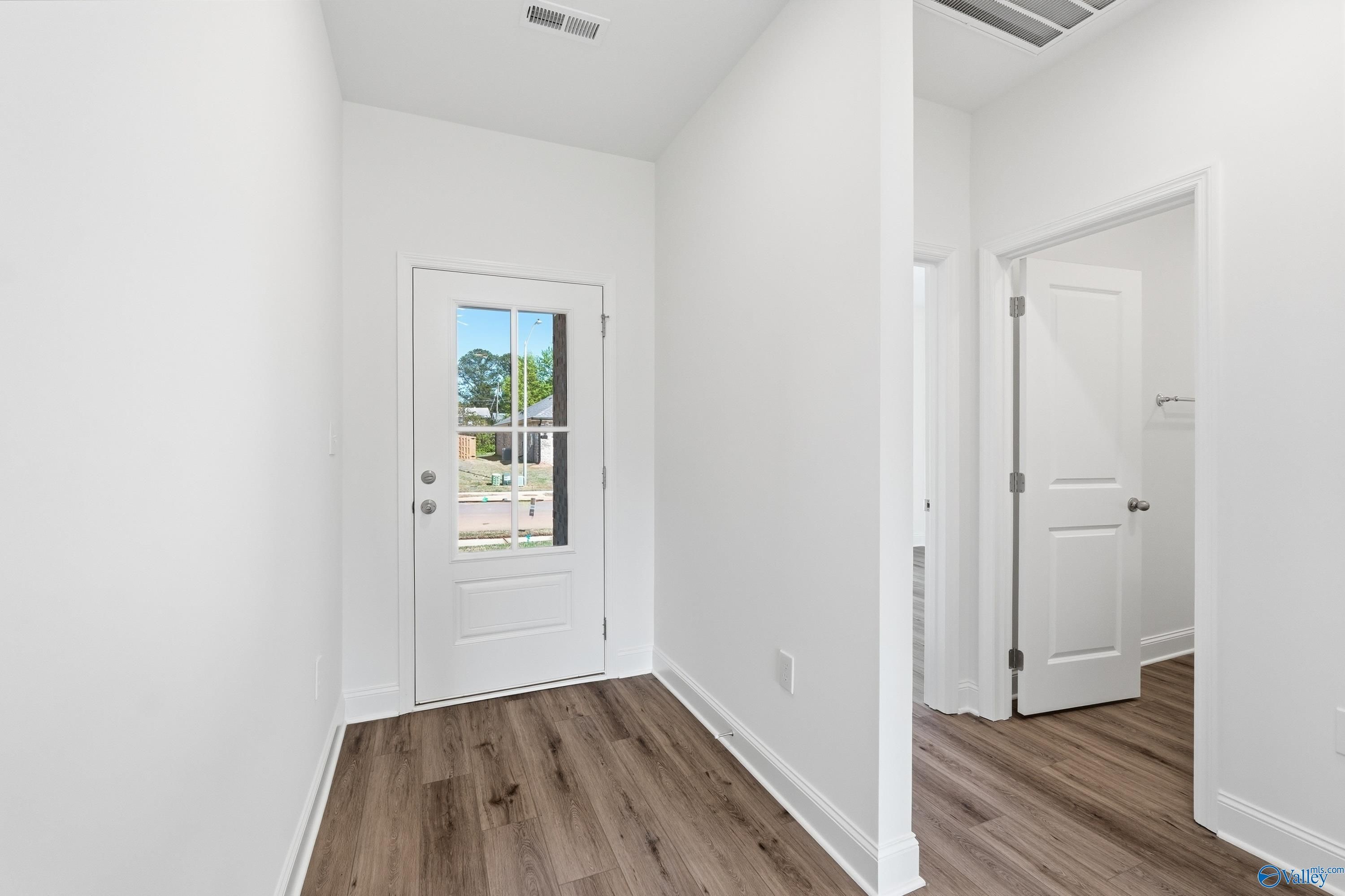 Bright hallway with white walls, wood-look laminate floors, entry door window to green view, open adjacent room in The Asheville plan, Davidson Homes Huntsville AL