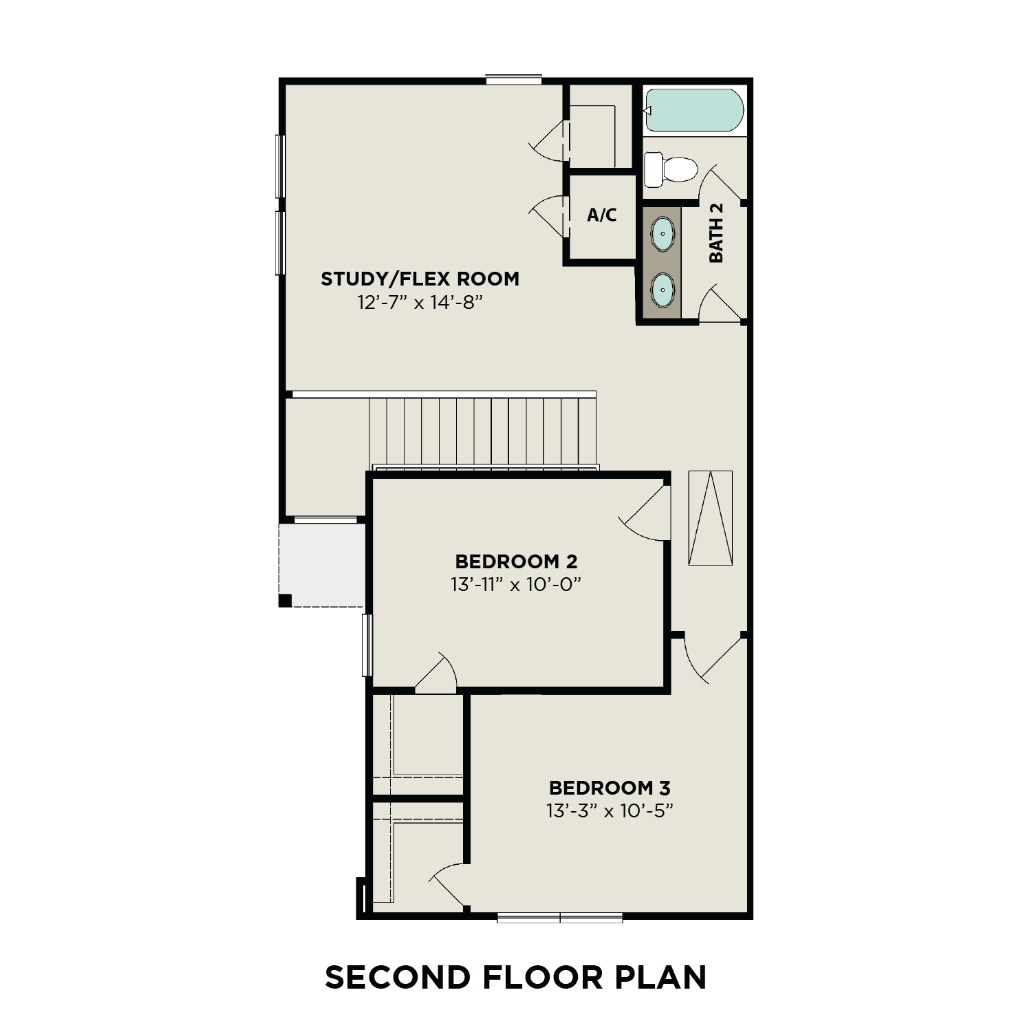 Second floor layout of The Rose B by Davidson Homes: master suite, study/flex room, bedroom 3, and full bath with tub