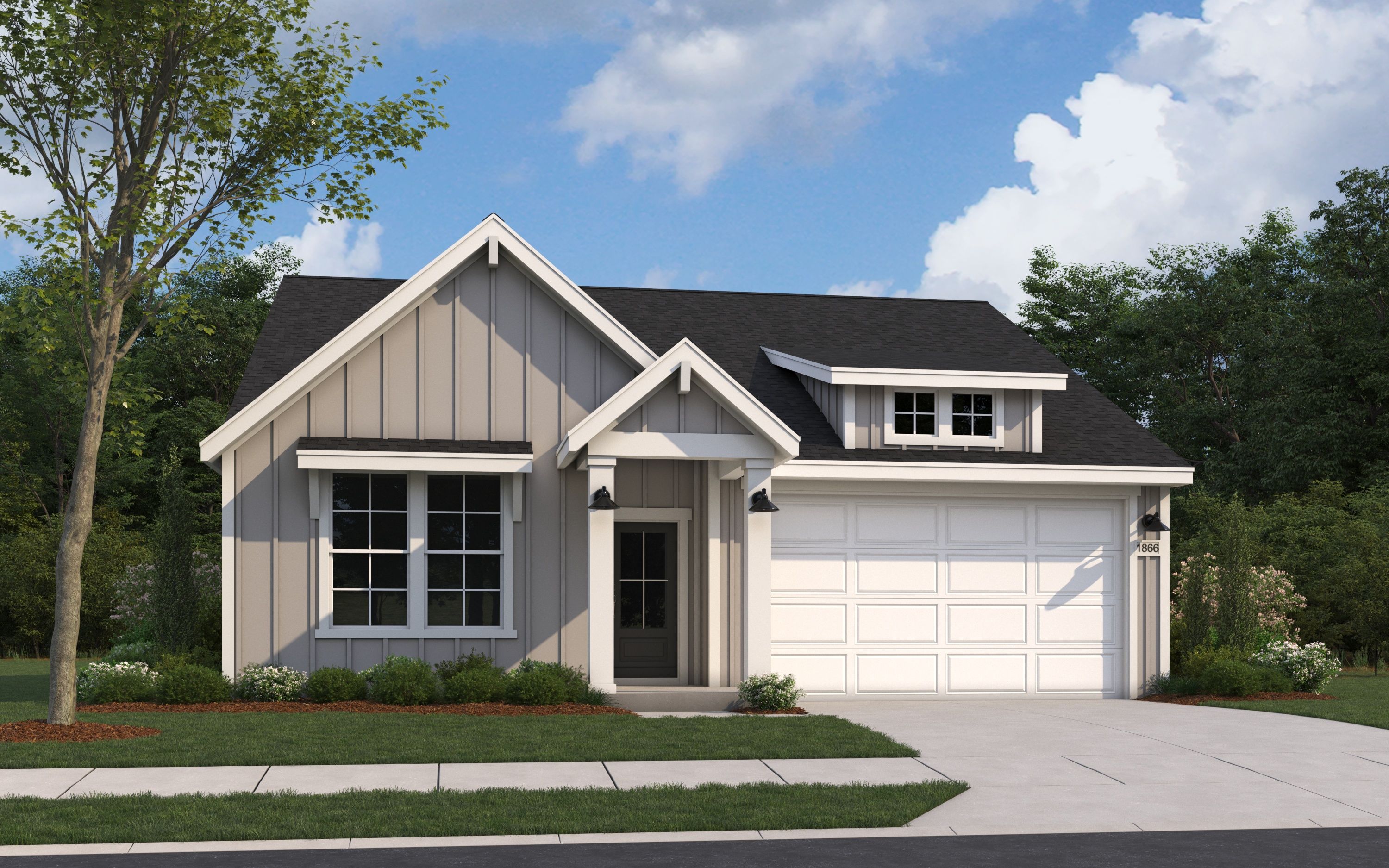 Modern farmhouse elevation of The Aurora D showcasing white shiplap siding, gabled dormer, and attached 2-car garage