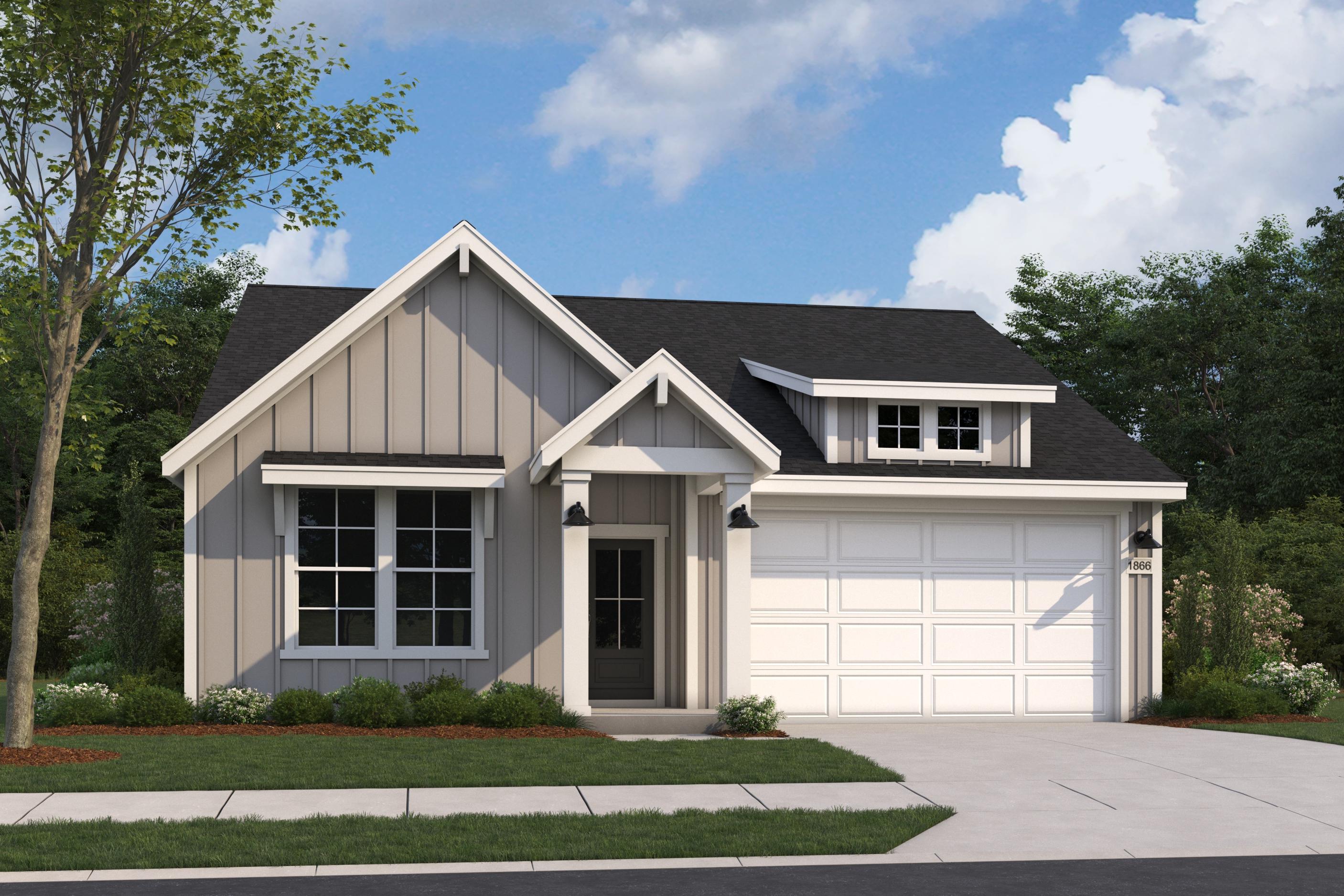 Modern farmhouse elevation of The Aurora D showcasing white shiplap siding, gabled dormer, and attached 2-car garage