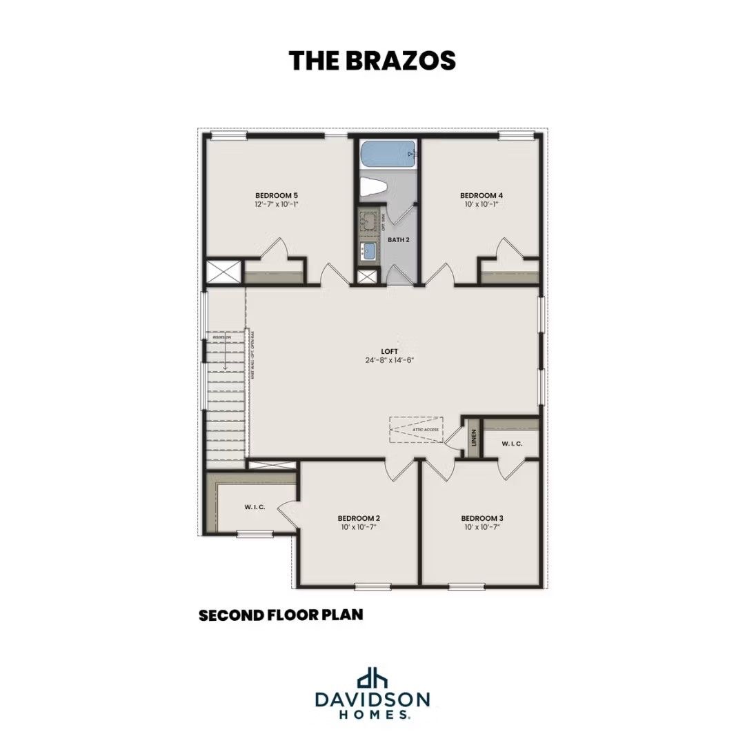 Second-floor plan for The Brazos E floor plan by Davidson Homes featuring a spacious loft and four bedrooms in Heartland.