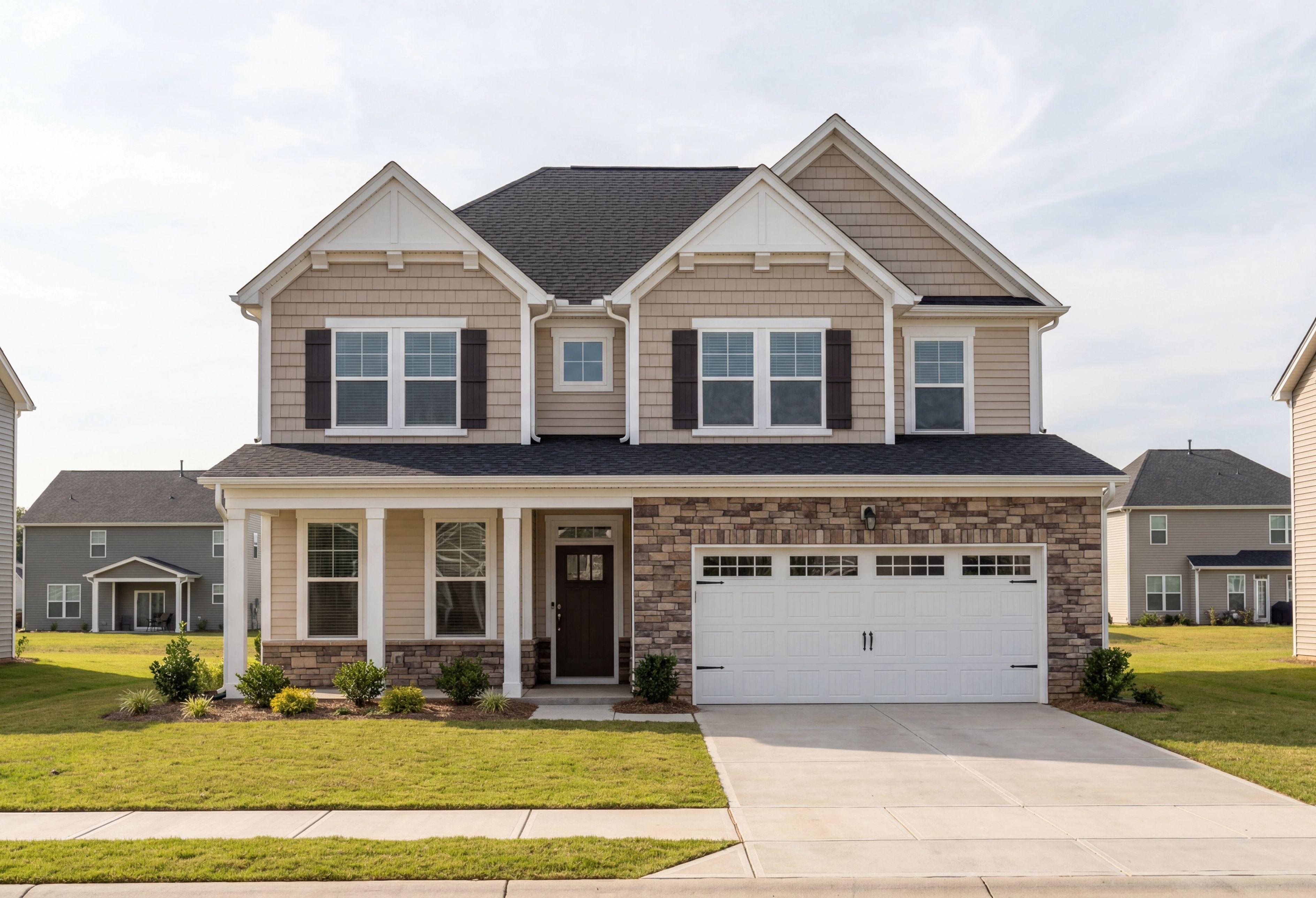 Two-story Willow D home elevation by Davidson Homes in Wendell NC with beige siding, stone accents, front porch, and two-car garage
