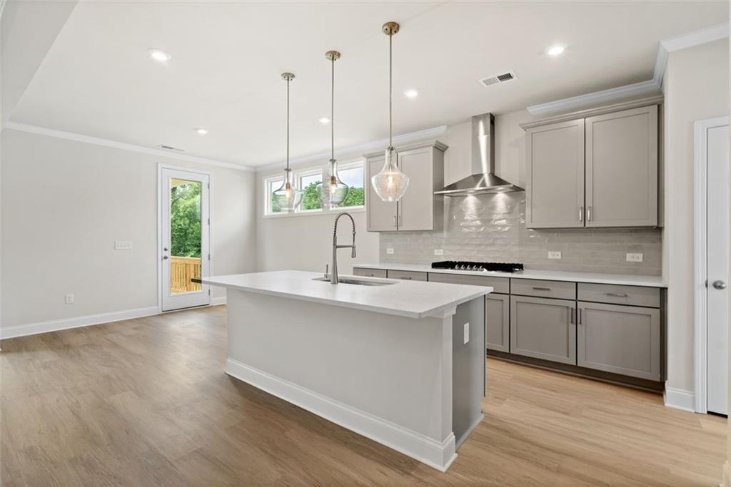 Modern kitchen with white quartz island, stainless appliances, and French doors in Davidson Homes The Willow D at Wehunt Meadows, Hoschton, GA