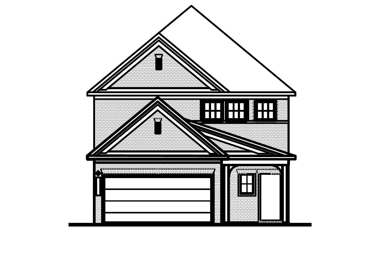 Two-story exterior elevation of The Pinecrest H featuring a brick and shingle facade and a two-car garage.