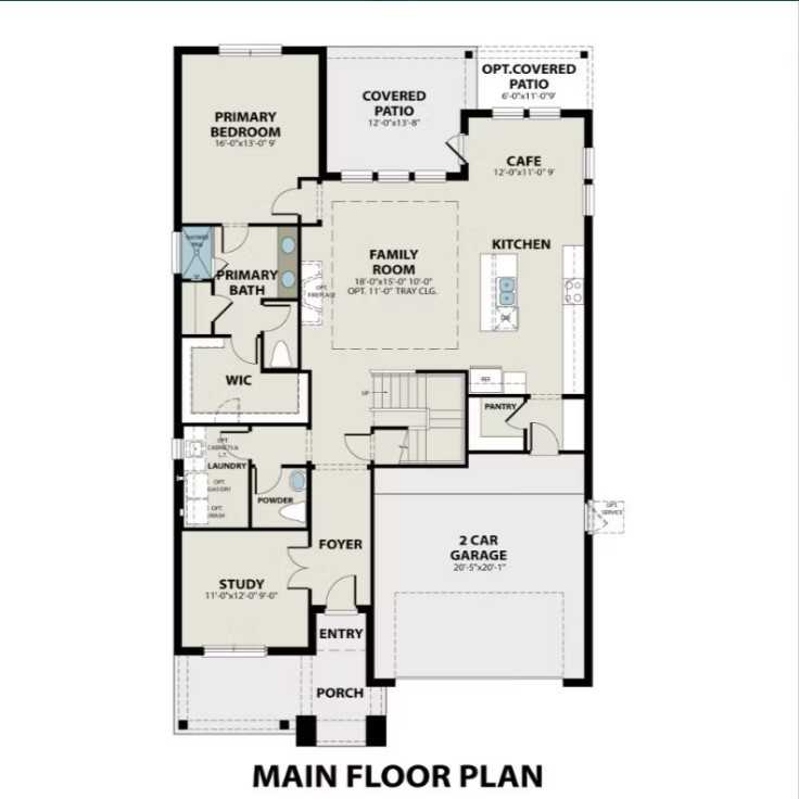 Detailed main floor plan of The Sequoia O 4-bedroom home with open kitchen, family room, primary suite, and 2-car garage in Royse City, Texas