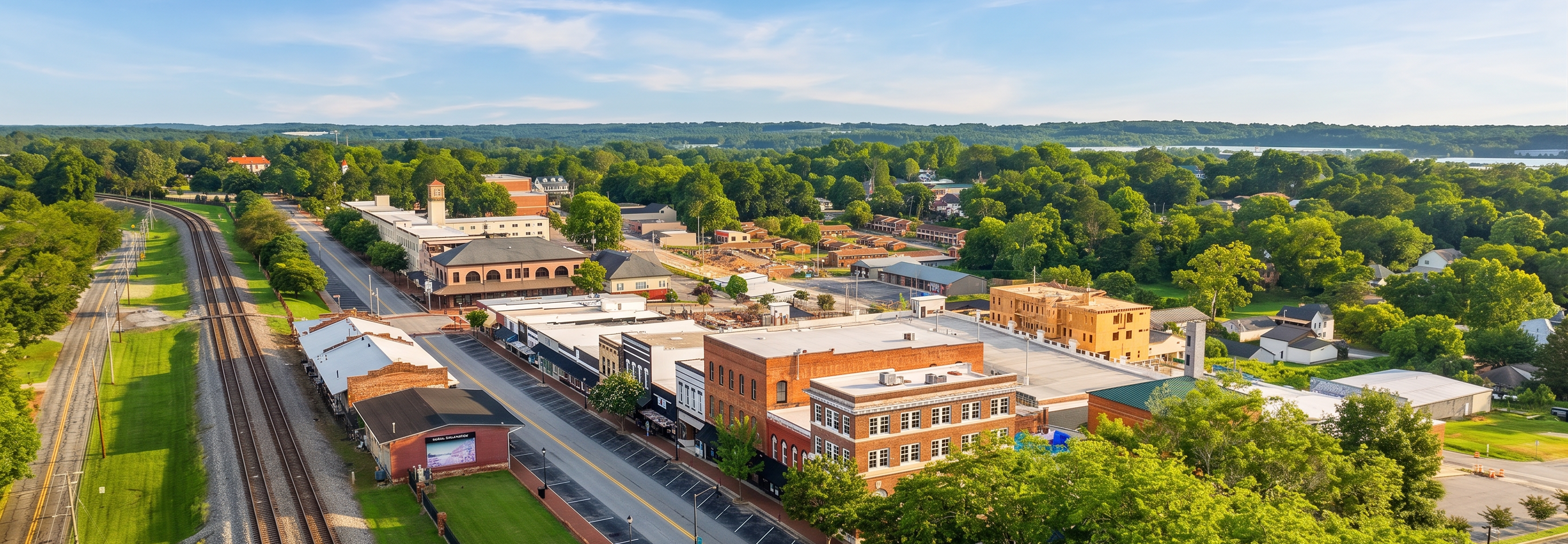 Aerial view of red brick clubhouse with clock tower at The Grove at East Thompson in Buford, Georgia, surrounded by trees and parking