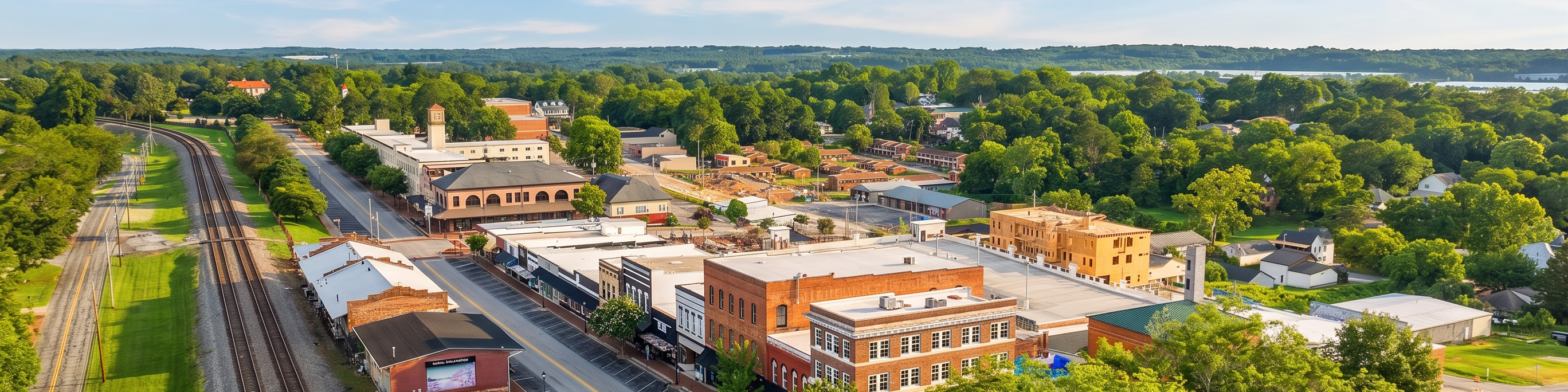 Aerial view of red brick clubhouse with clock tower at The Grove at East Thompson in Buford, Georgia, surrounded by trees and parking