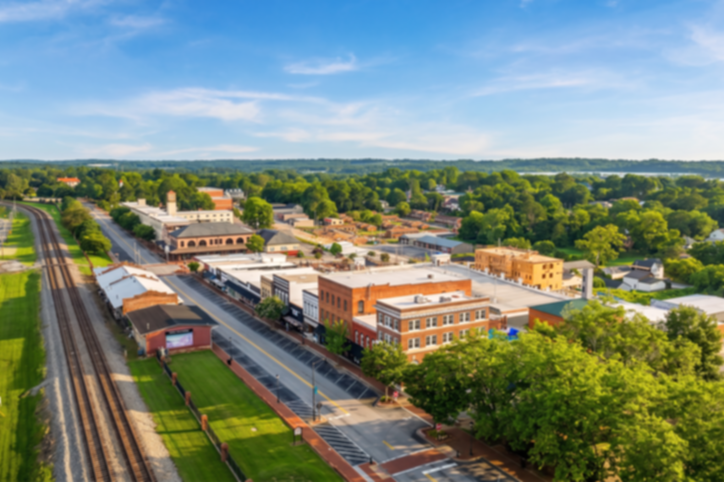 Aerial view of red brick clubhouse with clock tower at The Grove at East Thompson in Buford, Georgia, surrounded by trees and parking