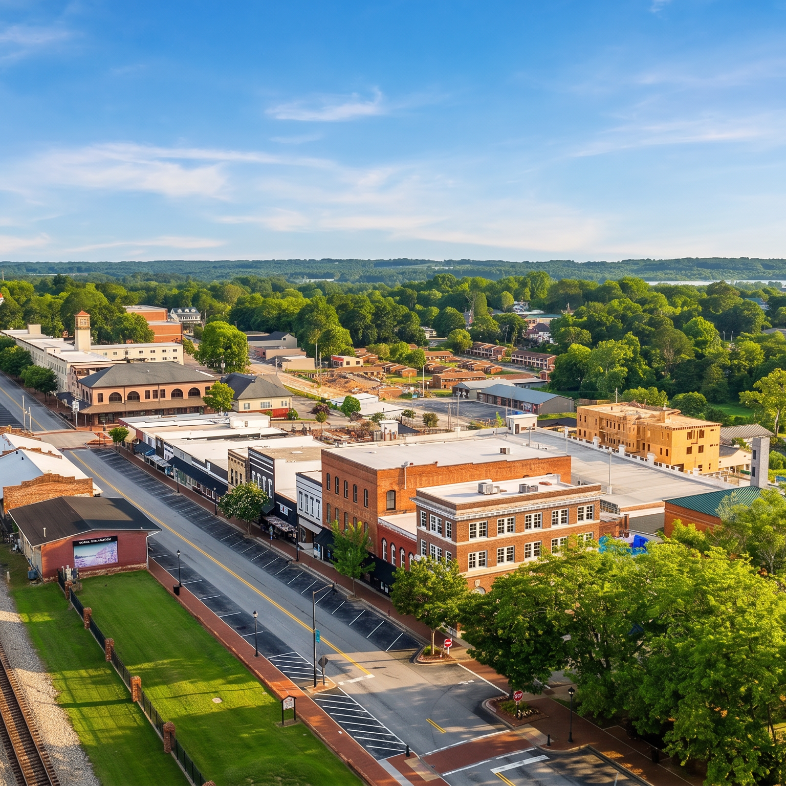 Aerial view of red brick clubhouse with clock tower at The Grove at East Thompson in Buford, Georgia, surrounded by trees and parking