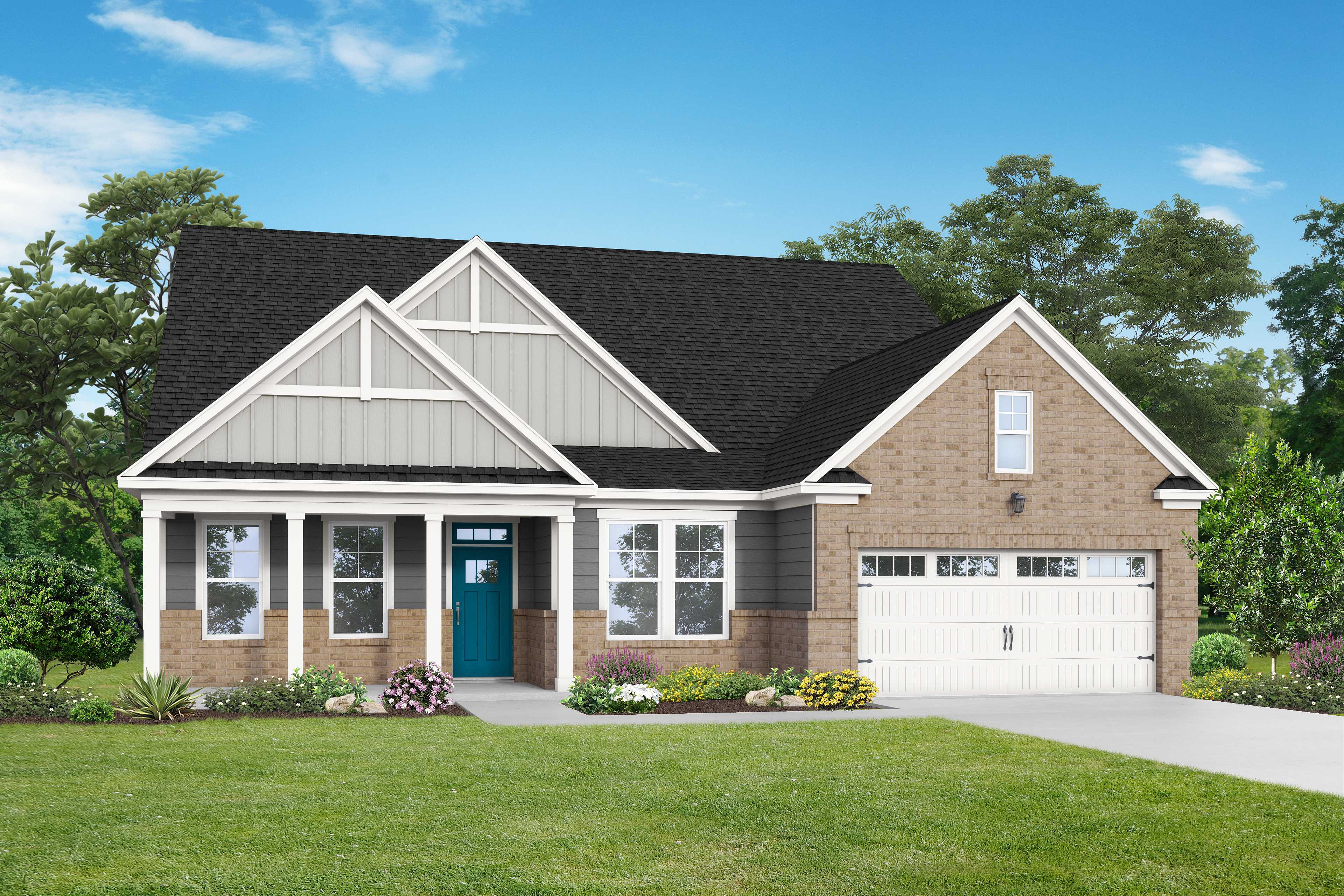 Front elevation of Magnolia C single-story home with brick siding, gabled roof, blue door, two-car garage, and landscaped yard