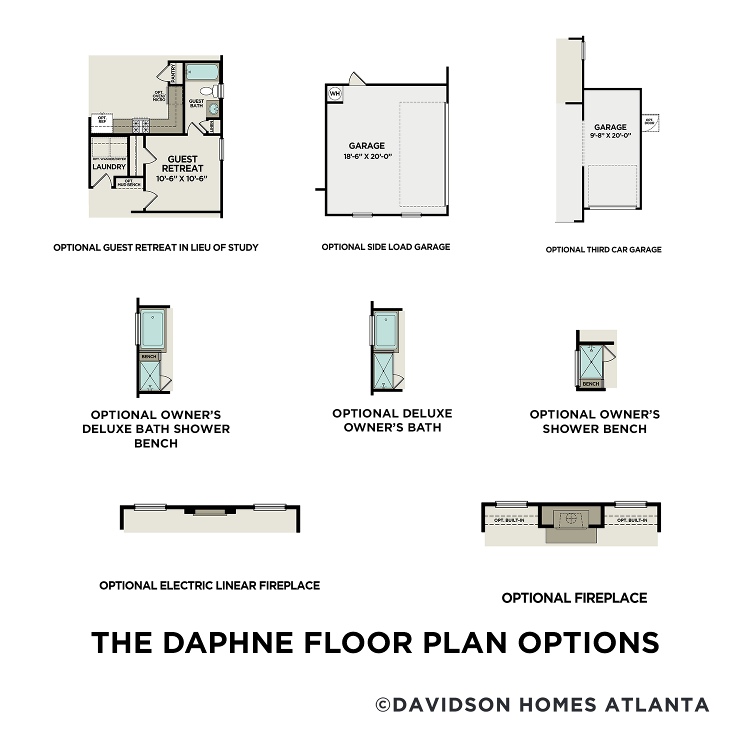 The Daphne floor plan options: guest retreat, side-load garage, deluxe bath shower, electric linear fireplace by Davidson Homes