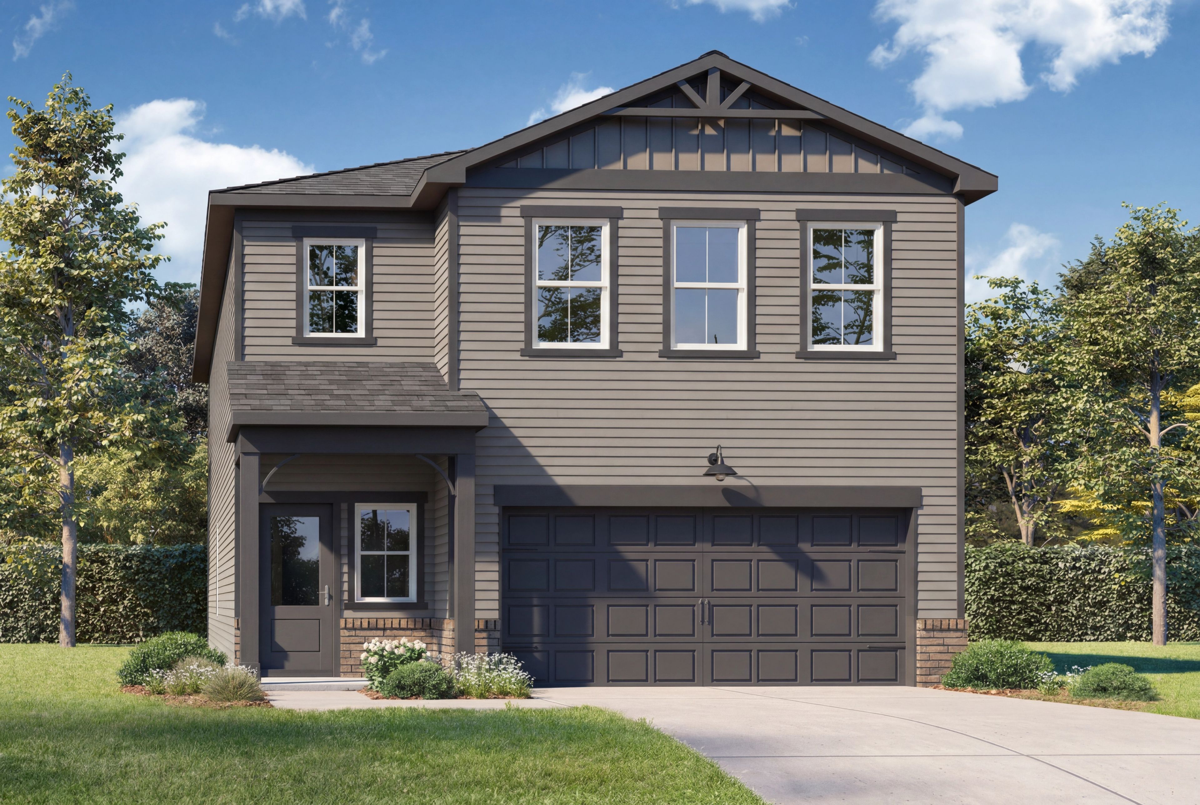 Two-story exterior of The Sinclair C by Davidson Homes in Cullman, Alabama, featuring grey siding and a 2-car garage.