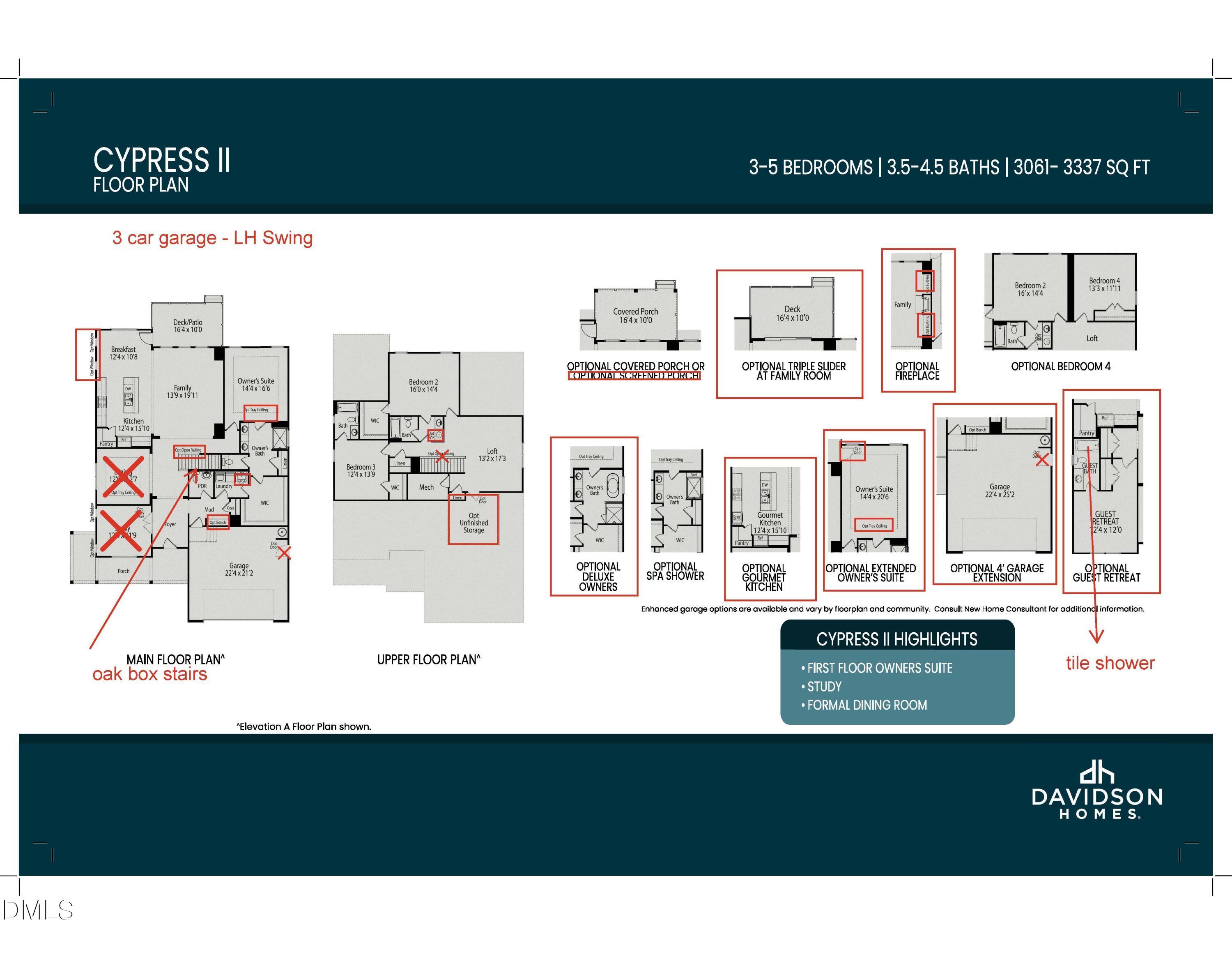 Cypress II floor plan by Davidson Homes: 2-story 4-bed 4.5-bath 3061 sq ft layout with 3-car garage in Angier, NC