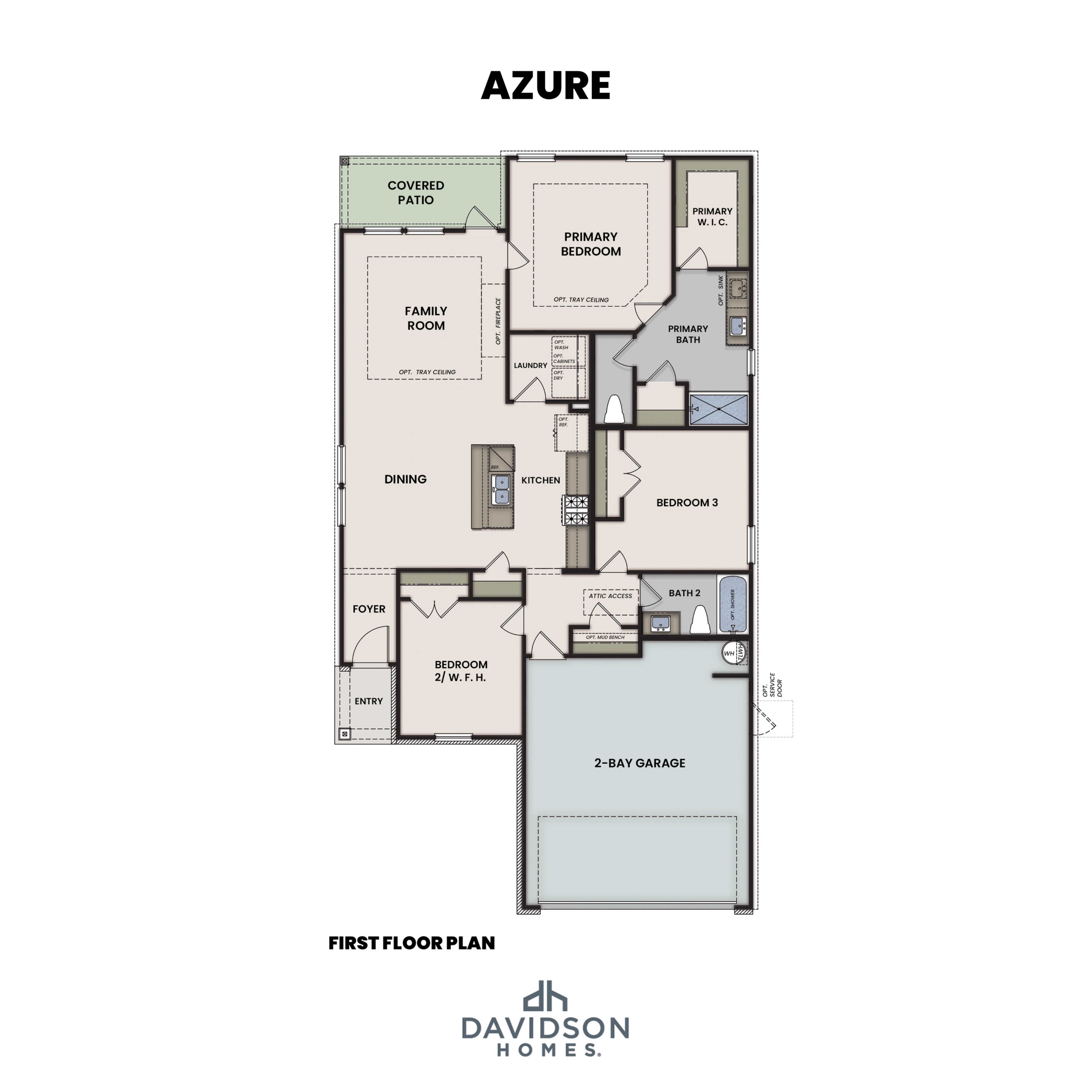 First floor plan of The Azure showcasing 3-bedroom layout, primary suite, open kitchen-dining, and 2-bay garage by Davidson Homes