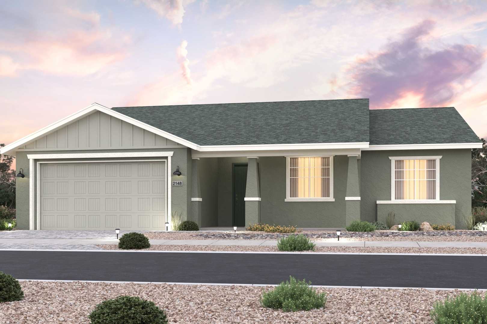 Modern single-story elevation of The Summit B showcasing 3-car garage, sage green siding, and desert sunset in Prescott Valley