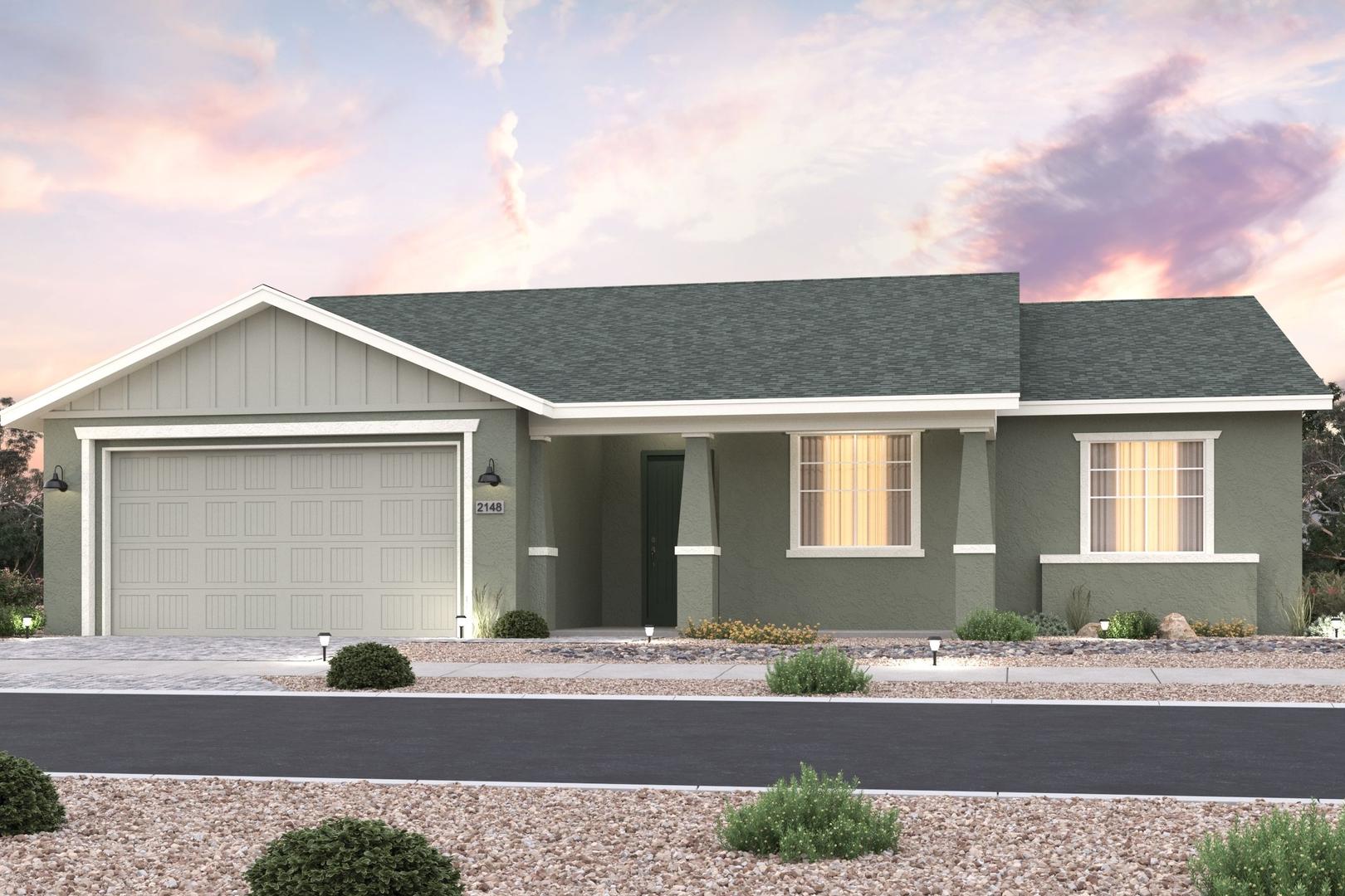 Modern single-story elevation of The Summit B showcasing 3-car garage, sage green siding, and desert sunset in Prescott Valley