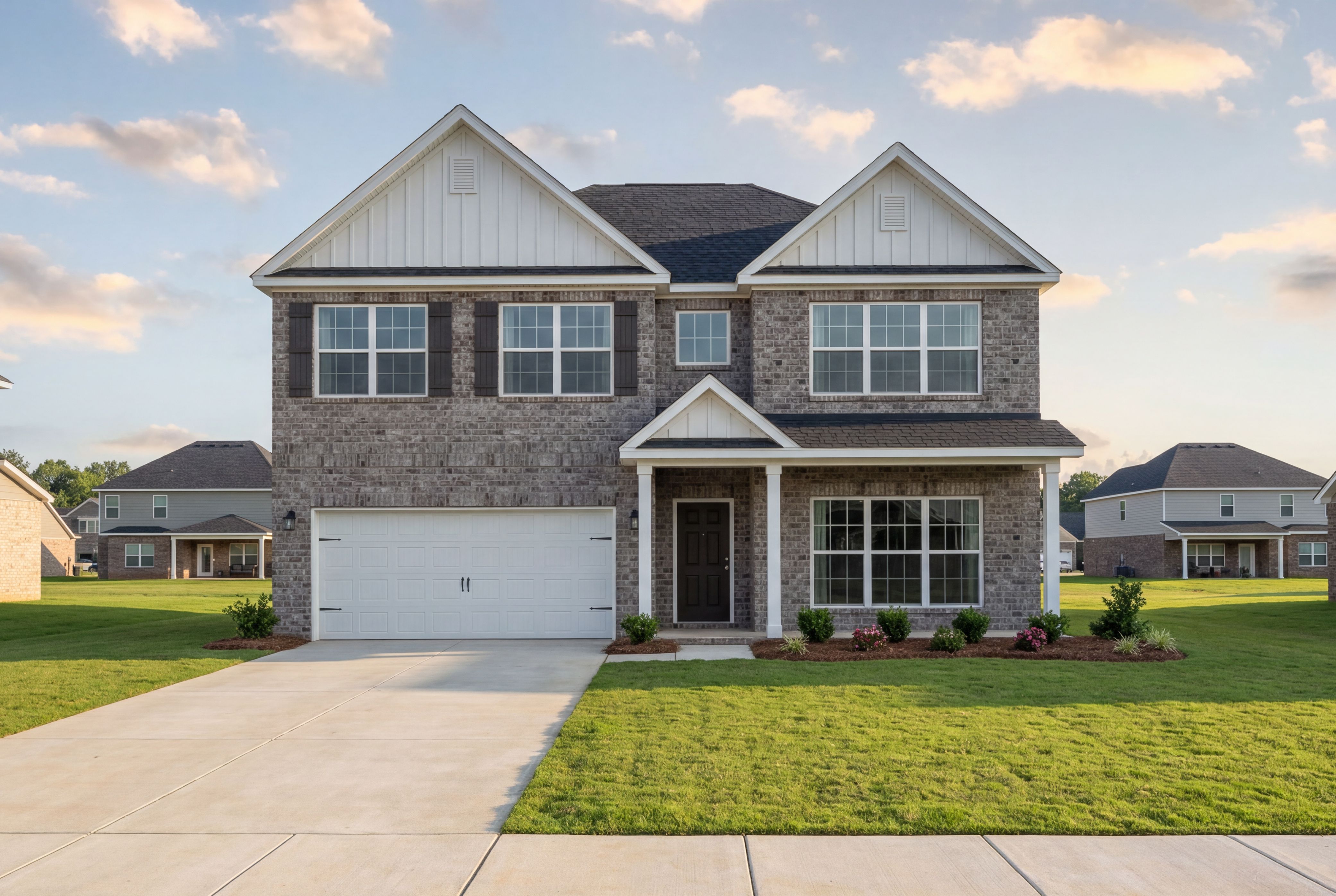 Two-story brick exterior of The Richmond D in New Market, AL, featuring a two-car garage and classic gable roof design.
