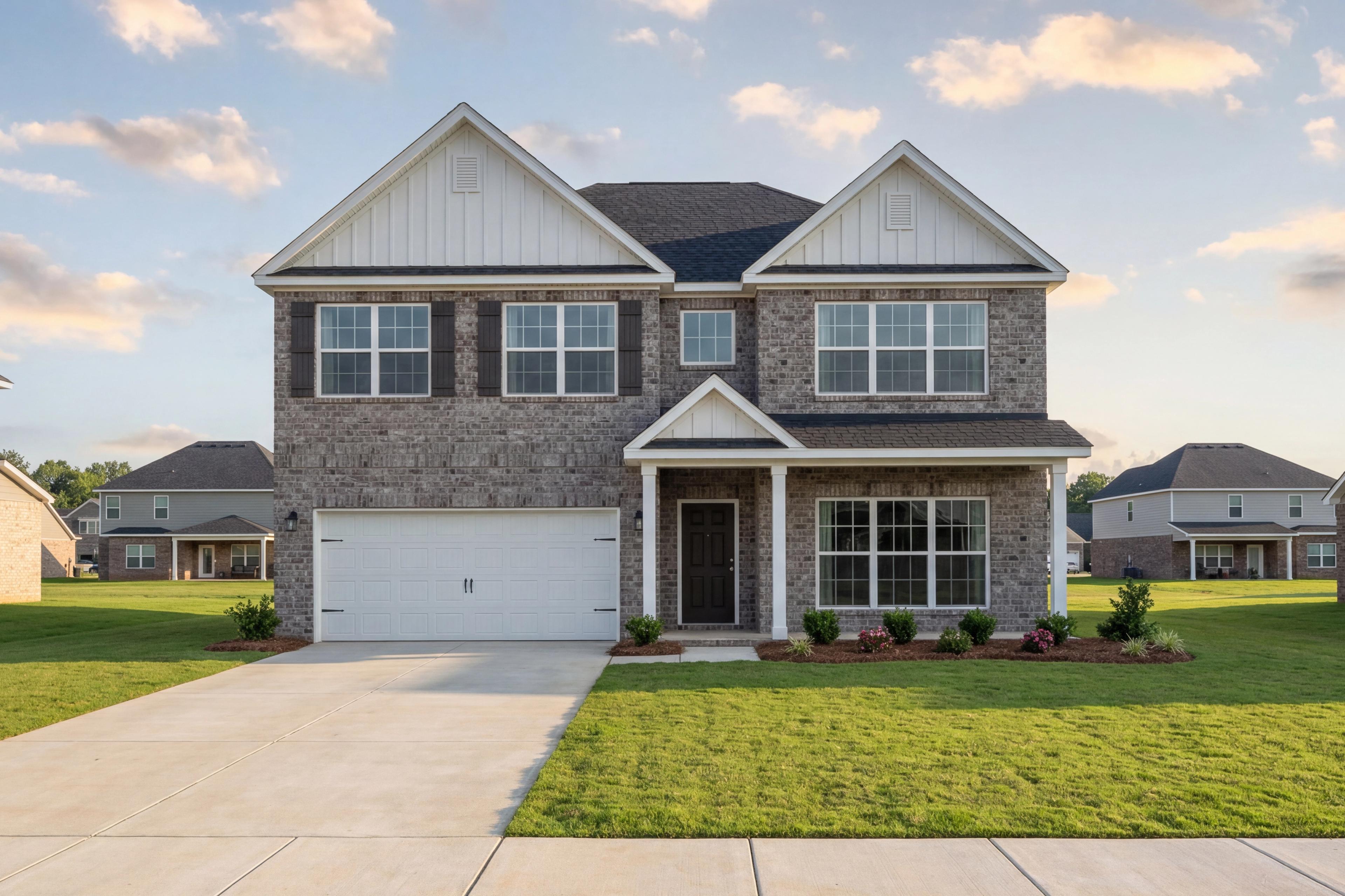 Two-story brick exterior of The Richmond D in New Market, AL, featuring a two-car garage and classic gable roof design.