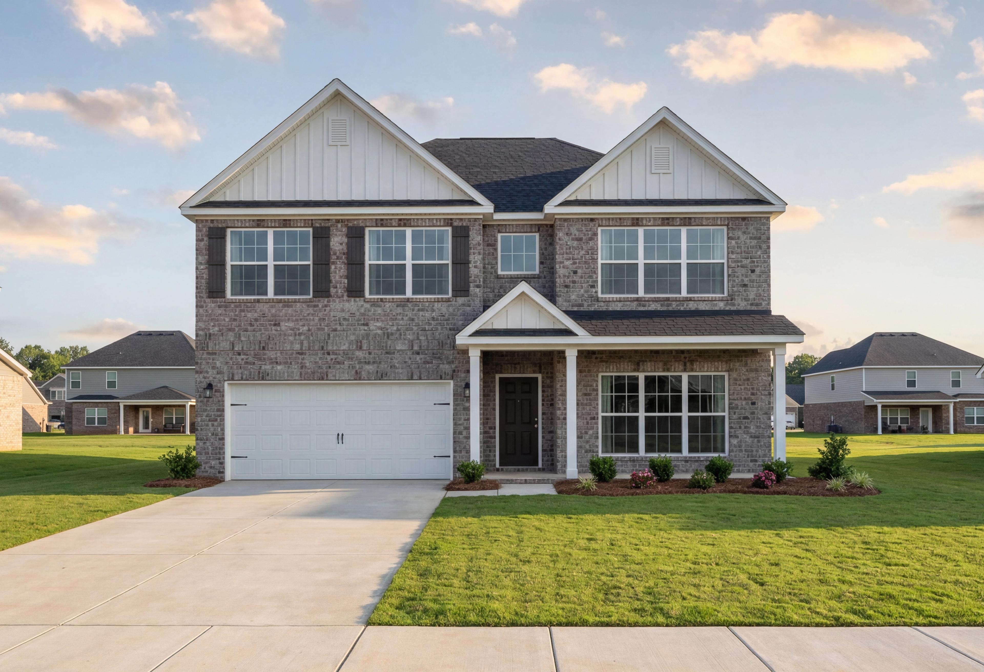 Two-story brick exterior of The Richmond D in New Market, AL, featuring a two-car garage and classic gable roof design.