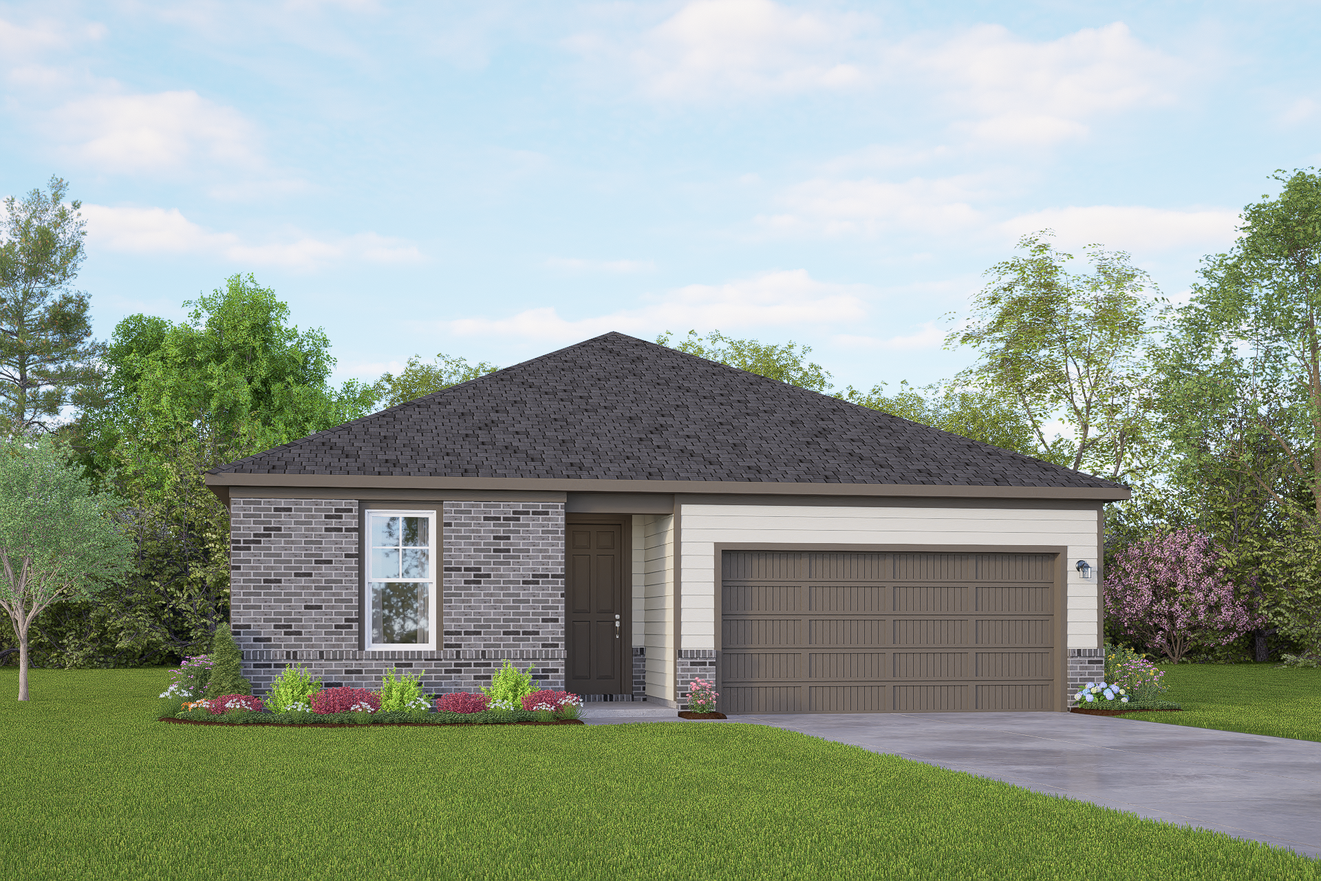 Contemporary single-story elevation of The Asheville home featuring brick siding, 2-car garage, and landscaped yard