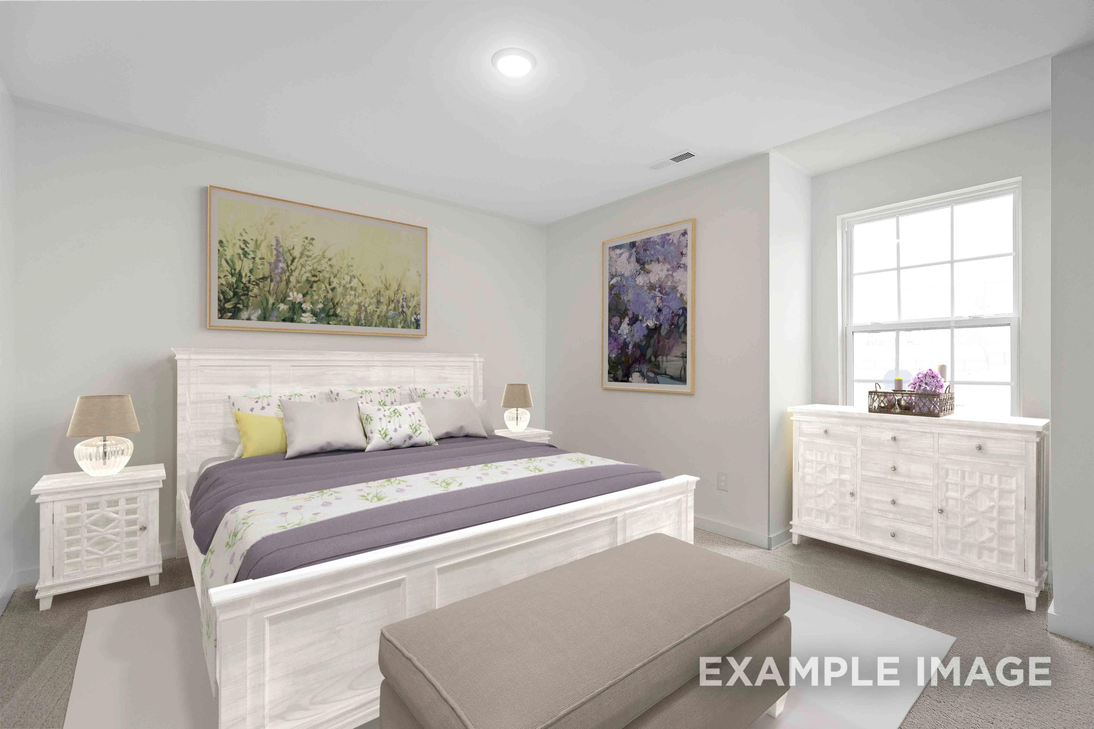Spacious master bedroom in The Charleston home design featuring white wooden king bed, floral bedding, nightstand lamps, and abstract artwork