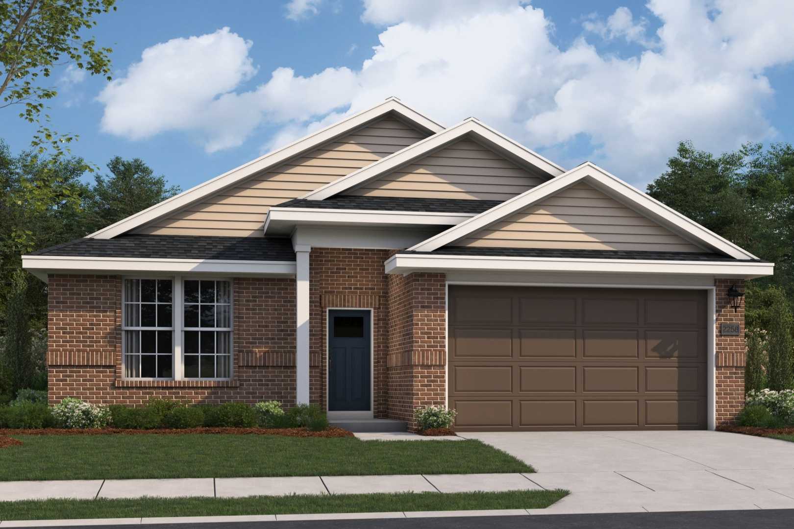 The Orion single-story home exterior by Evermore Homes in Cusseta, Alabama, featuring brick facade, two-car garage, and gabled roof