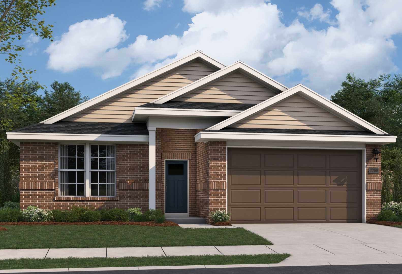 The Orion single-story home exterior by Evermore Homes in Cusseta, Alabama, featuring brick facade, two-car garage, and gabled roof