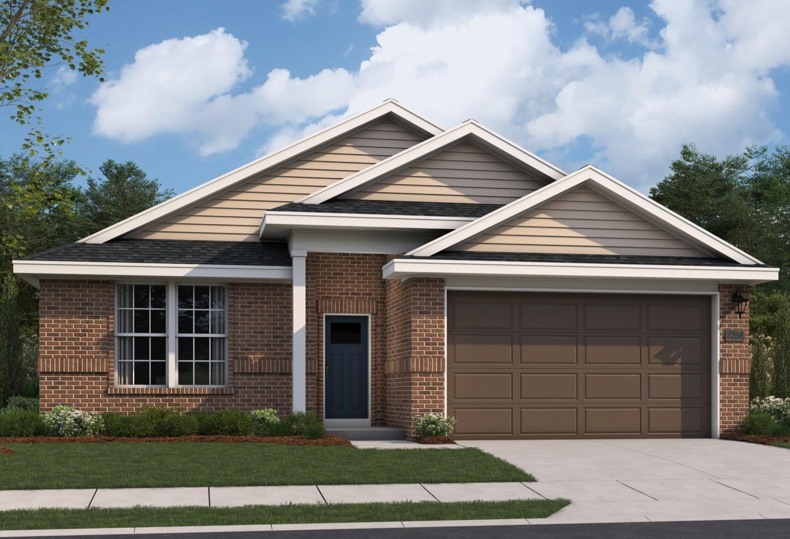 The Orion single-story home exterior by Evermore Homes in Cusseta, Alabama, featuring brick facade, two-car garage, and gabled roof