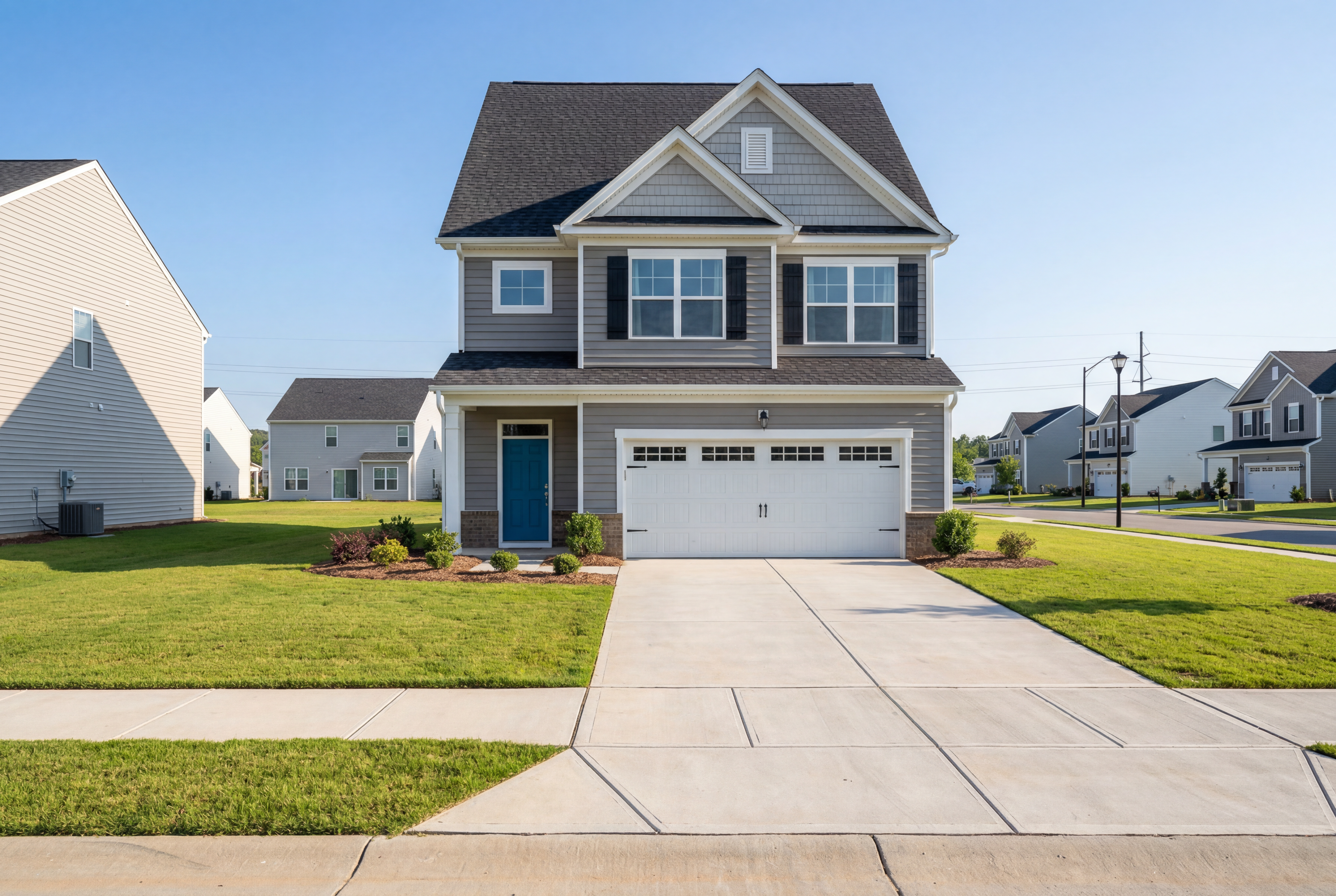 Modern two-story elevation of The Grace A with gray siding, gabled roof, blue front door, and two-car garage in Lillington neighborhood