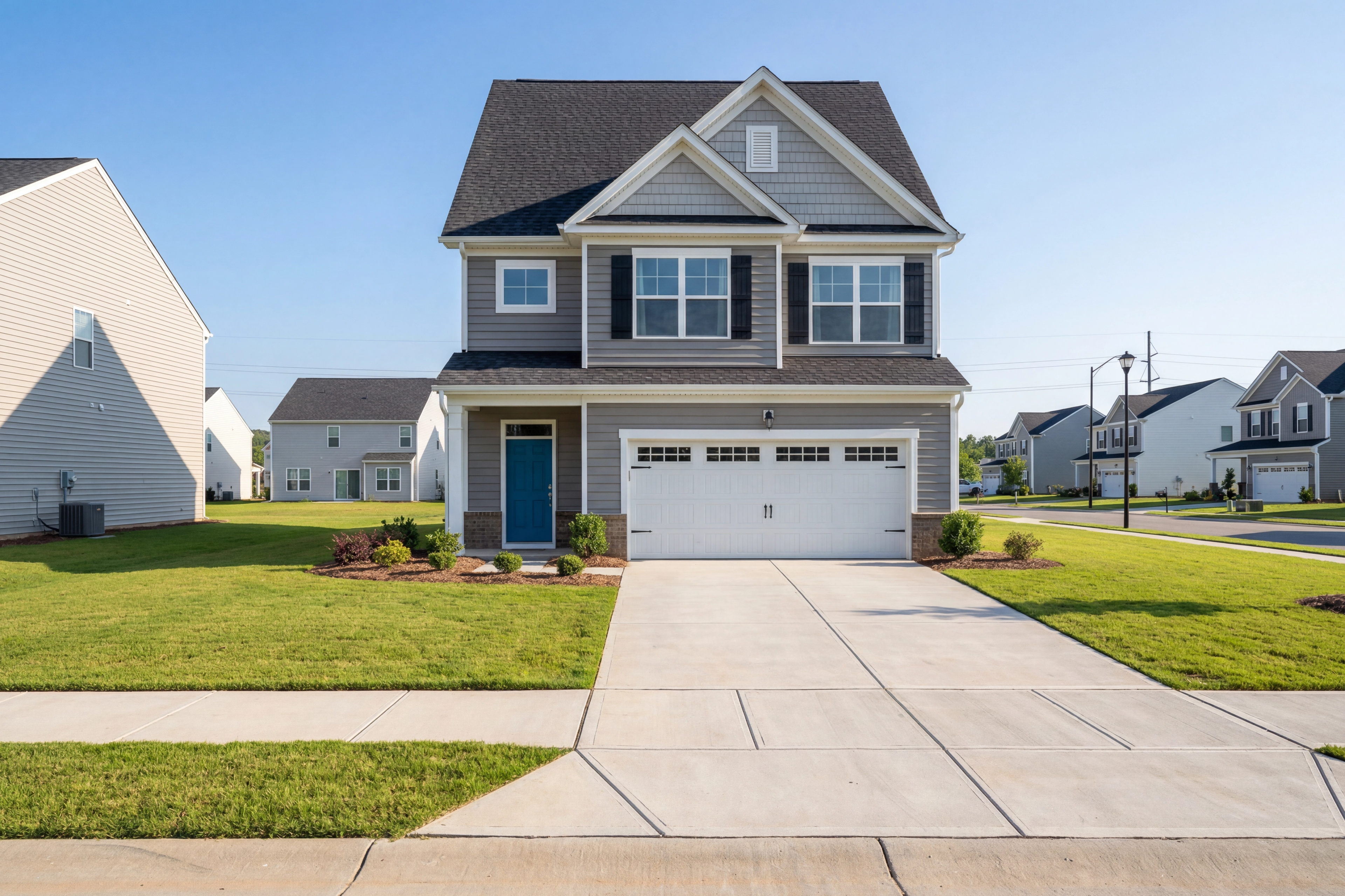 Modern two-story elevation of The Grace A with gray siding, gabled roof, blue front door, and two-car garage in Lillington neighborhood