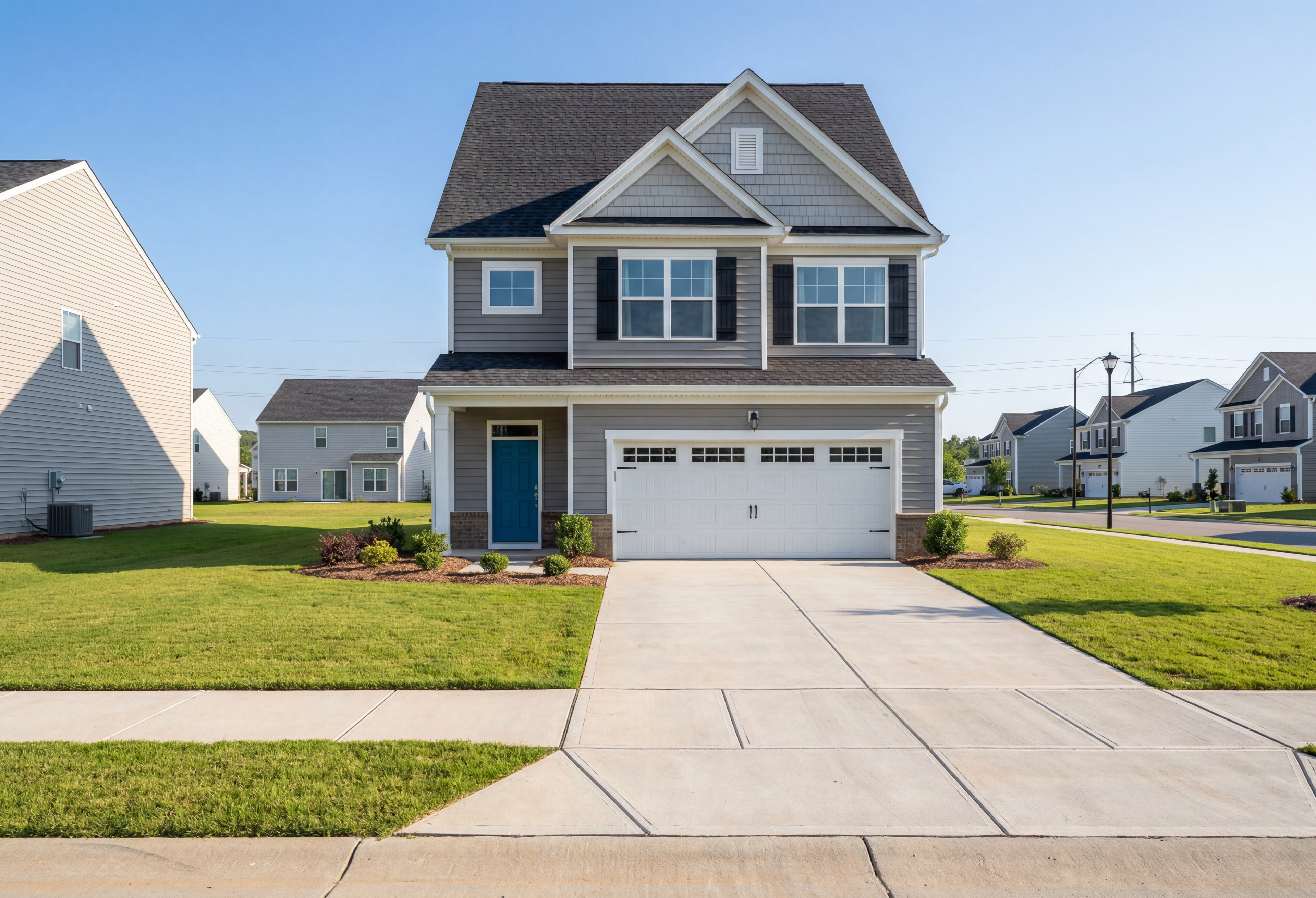 Modern two-story elevation of The Grace A with gray siding, gabled roof, blue front door, and two-car garage in Lillington neighborhood