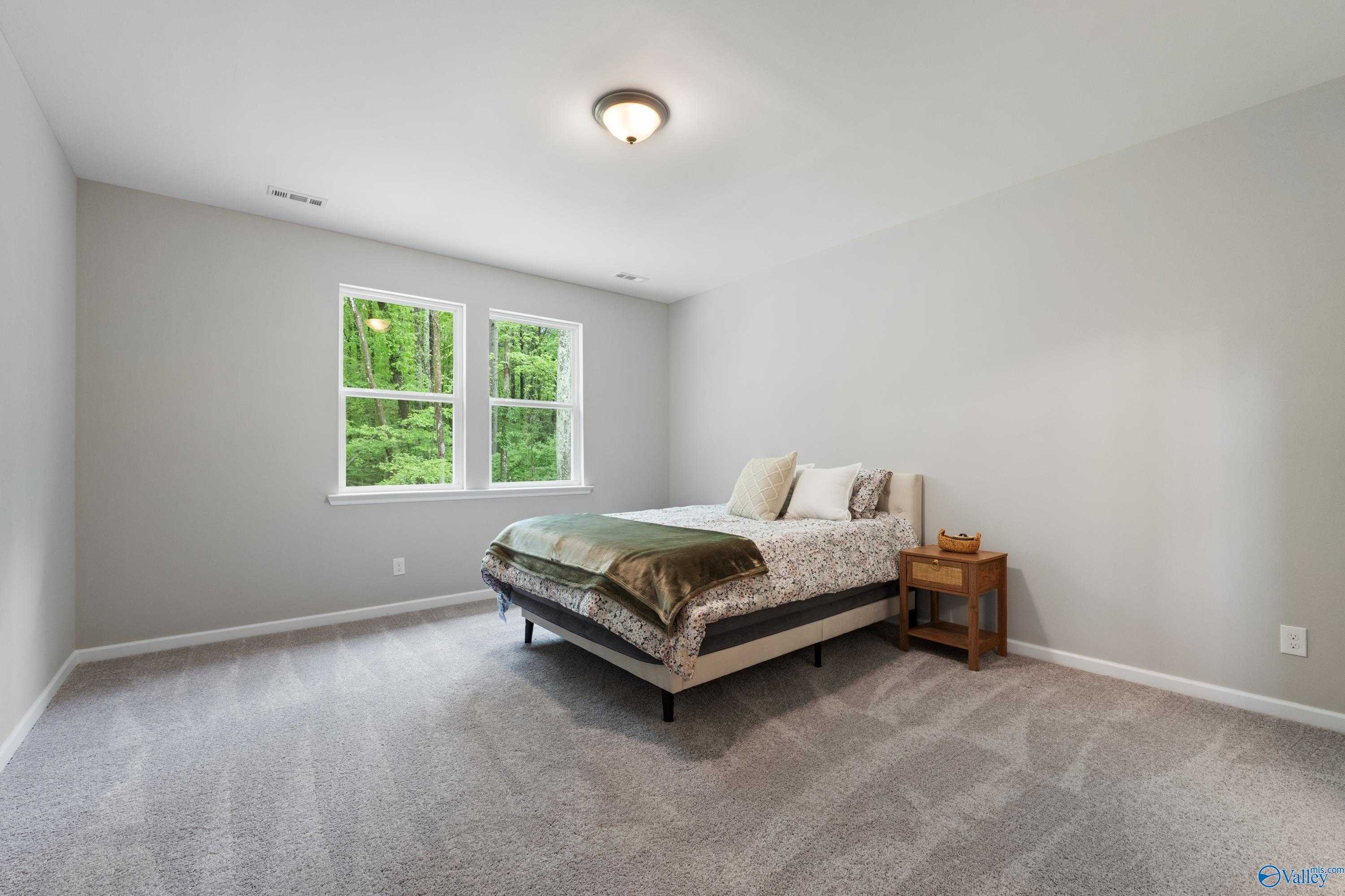 Cozy secondary bedroom with gray walls, queen bed, green bedding, and forest-view windows in Davidson Homes The Luna, Hazel Green, Alabama